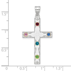 Sterling Silver Rh-plt/14k Bezel Crystal Family Cross Pendant