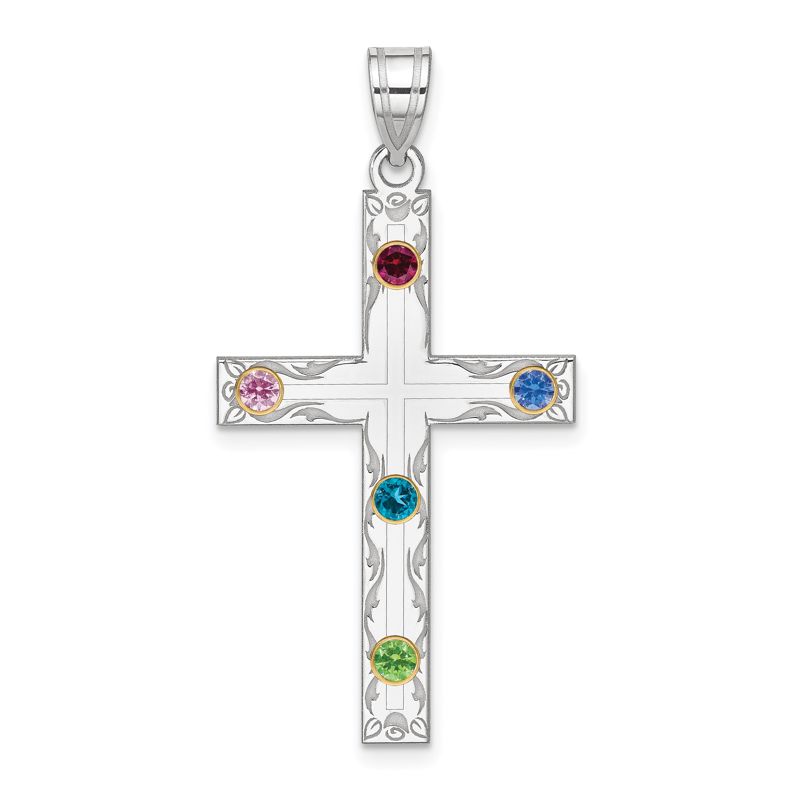 Sterling Silver Rh-plt/14k Bezel Crystal Family Cross Pendant