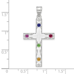 Sterling Silver Rh-plt Crystal Family Cross Pendant