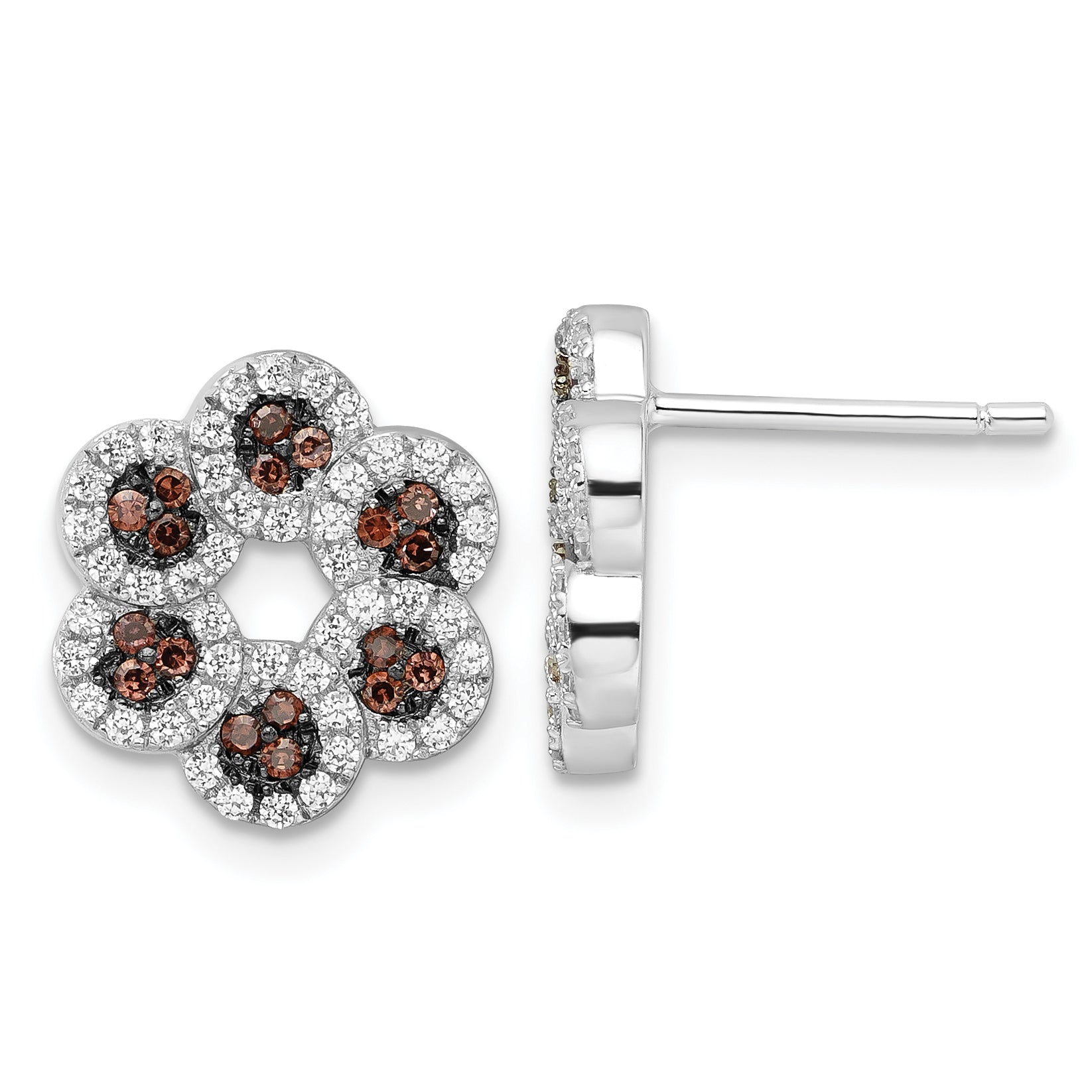 Sterling Silver Brown & Clear CZ Brilliant Embers Flower Post Earrings