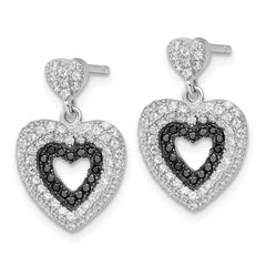 Sterling Silver Black & Clear CZ True Fire Heart Dangle Post Earrings