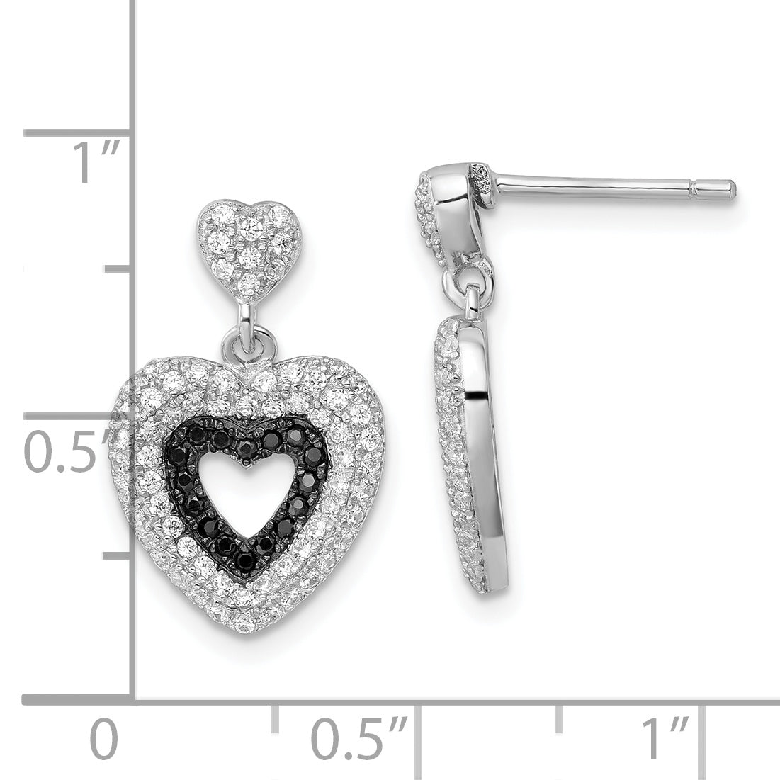 Sterling Silver Black & Clear CZ True Fire Heart Dangle Post Earrings