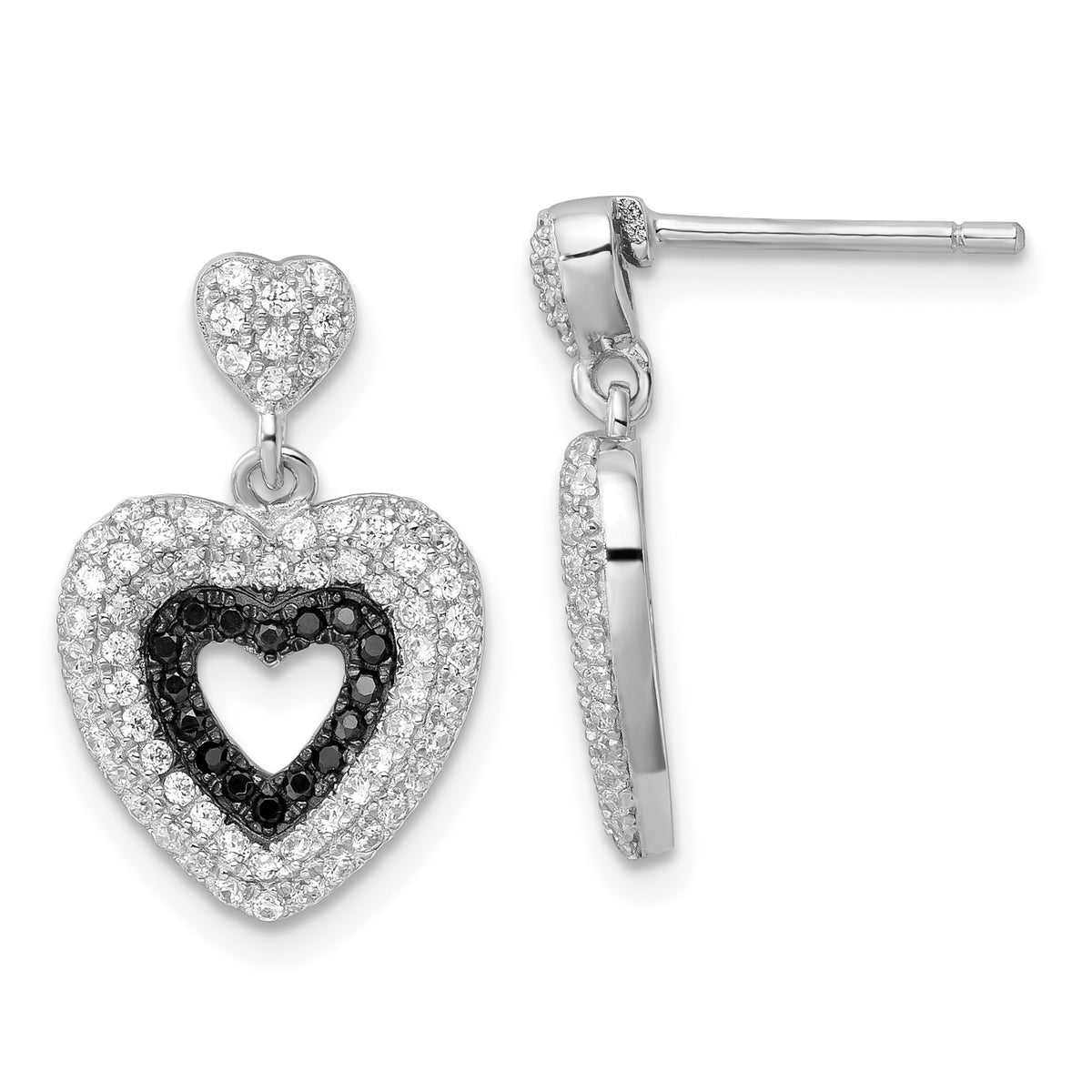 Sterling Silver Black & Clear CZ True Fire Heart Dangle Post Earrings