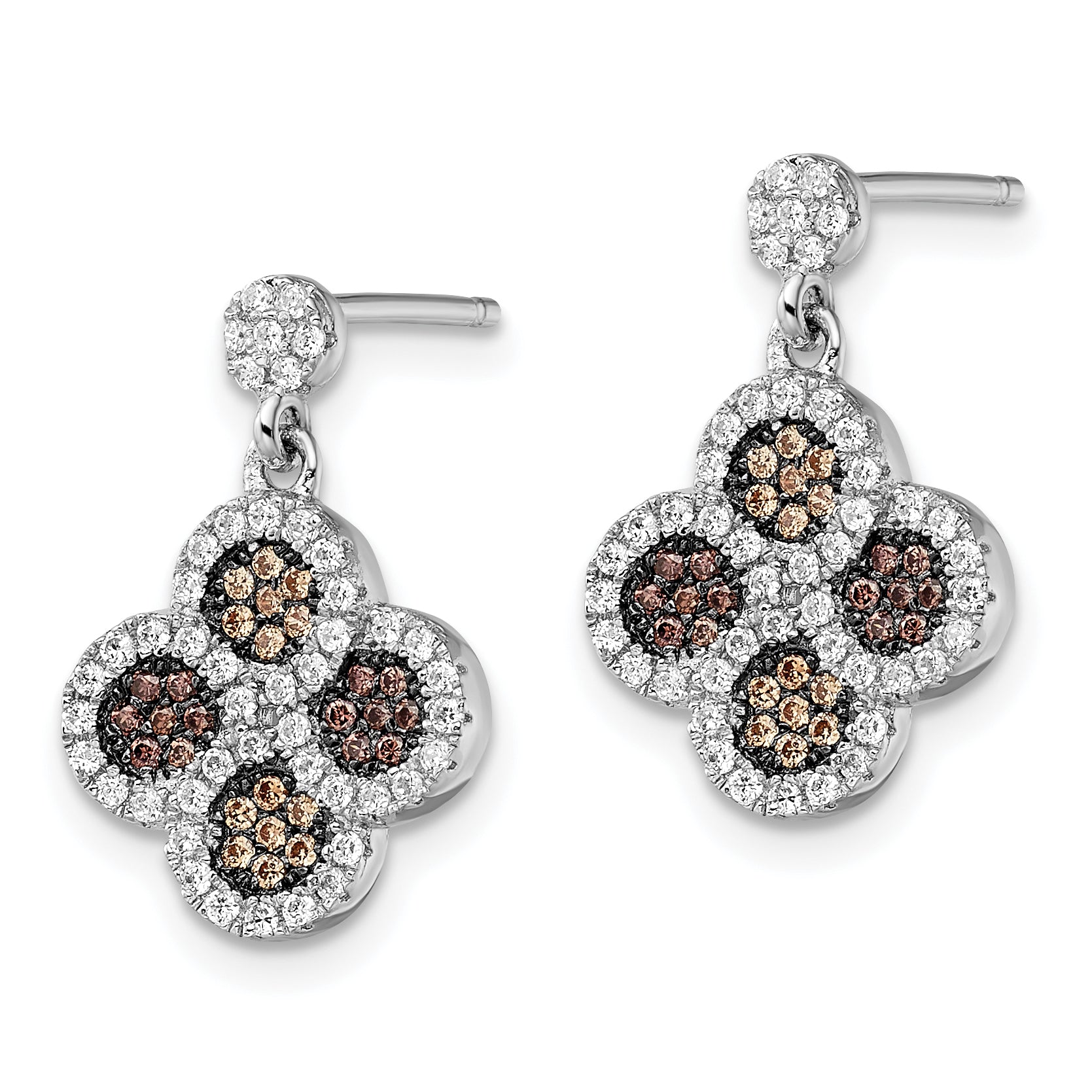 Brilliant Embers Sterling Silver Rhodium-plated 150 Stone Micro Pav‚ Champagne and White CZ Flower Dangle Post Earrings