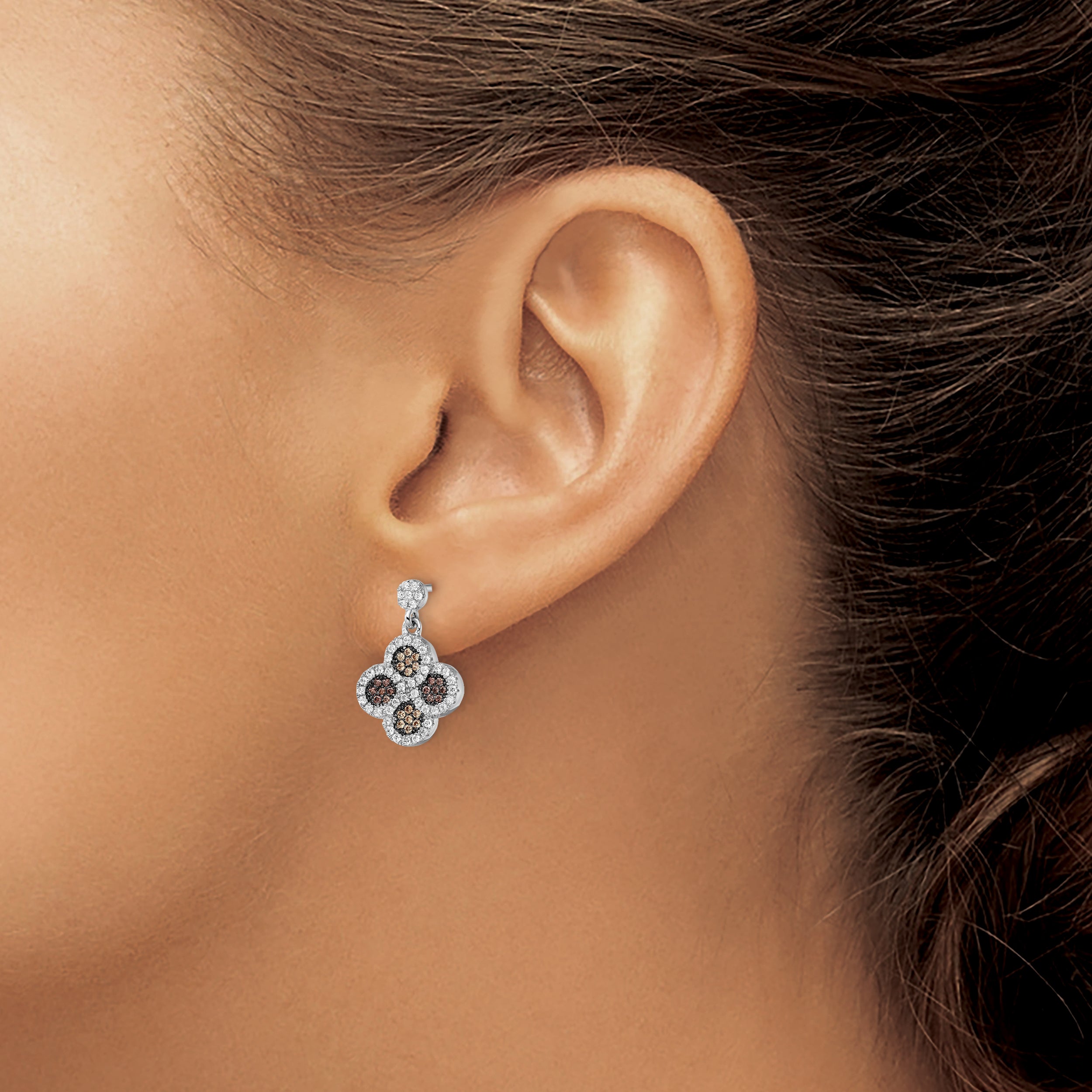 Brilliant Embers Sterling Silver Rhodium-plated 150 Stone Micro Pav‚ Champagne and White CZ Flower Dangle Post Earrings