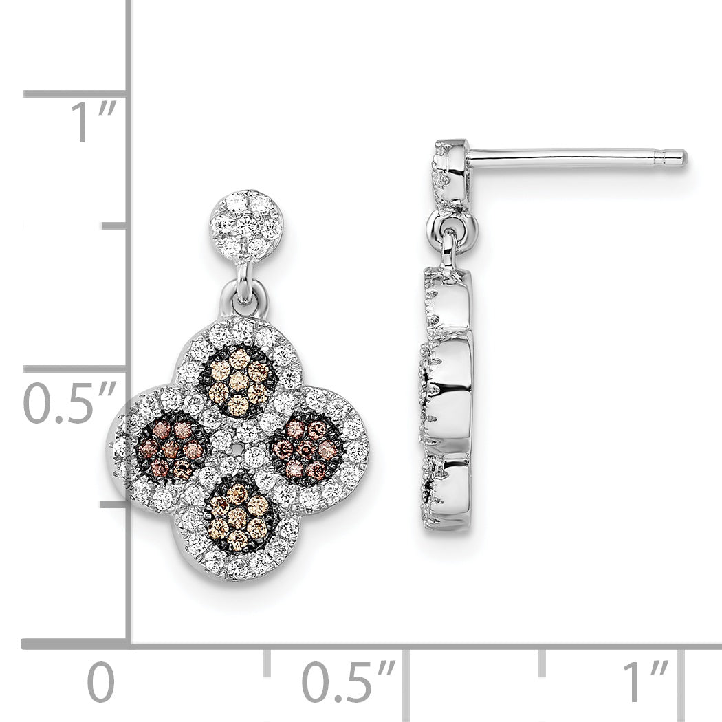 Brilliant Embers Sterling Silver Rhodium-plated 150 Stone Micro Pav‚ Champagne and White CZ Flower Dangle Post Earrings