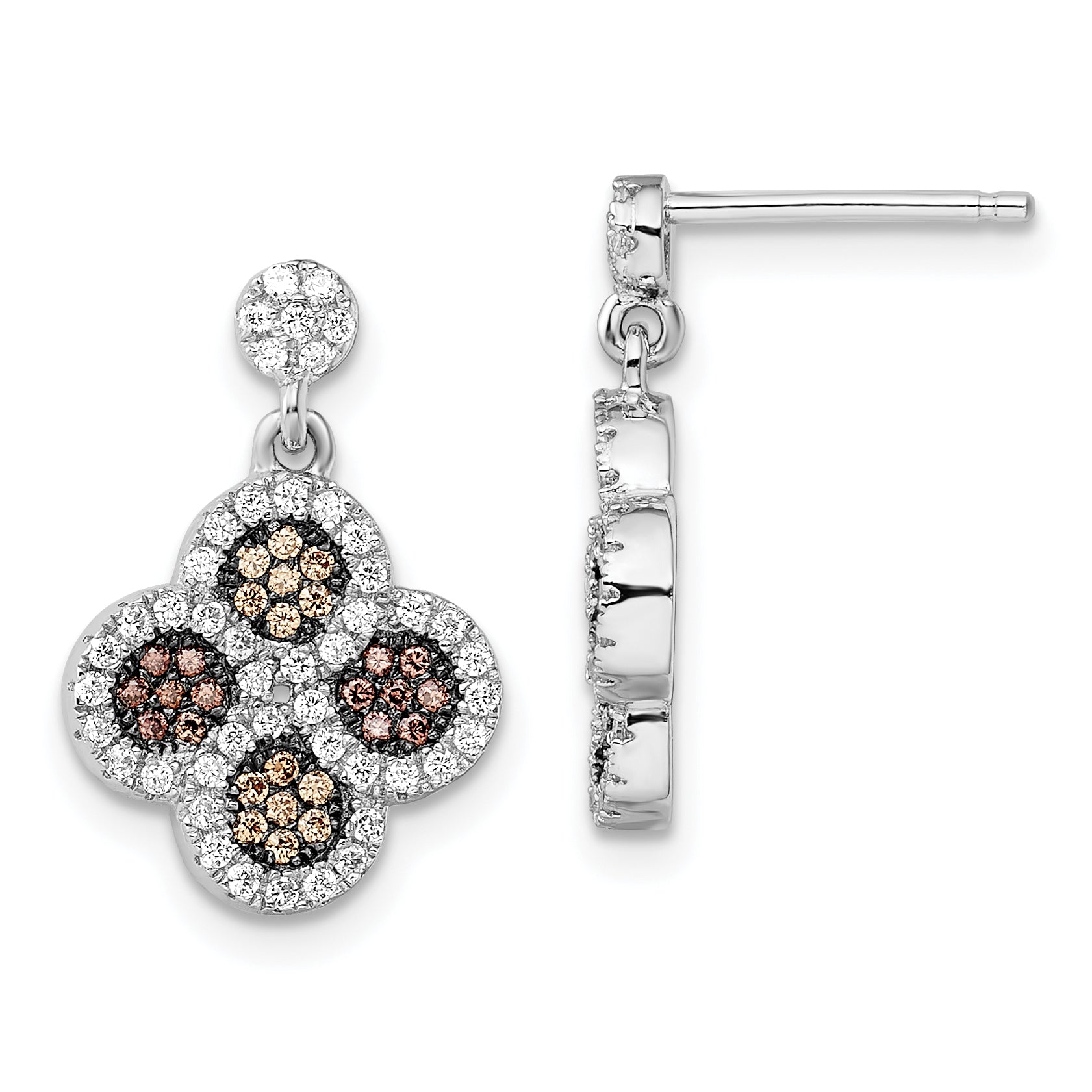 Brilliant Embers Sterling Silver Rhodium-plated 150 Stone Micro Pav‚ Champagne and White CZ Flower Dangle Post Earrings