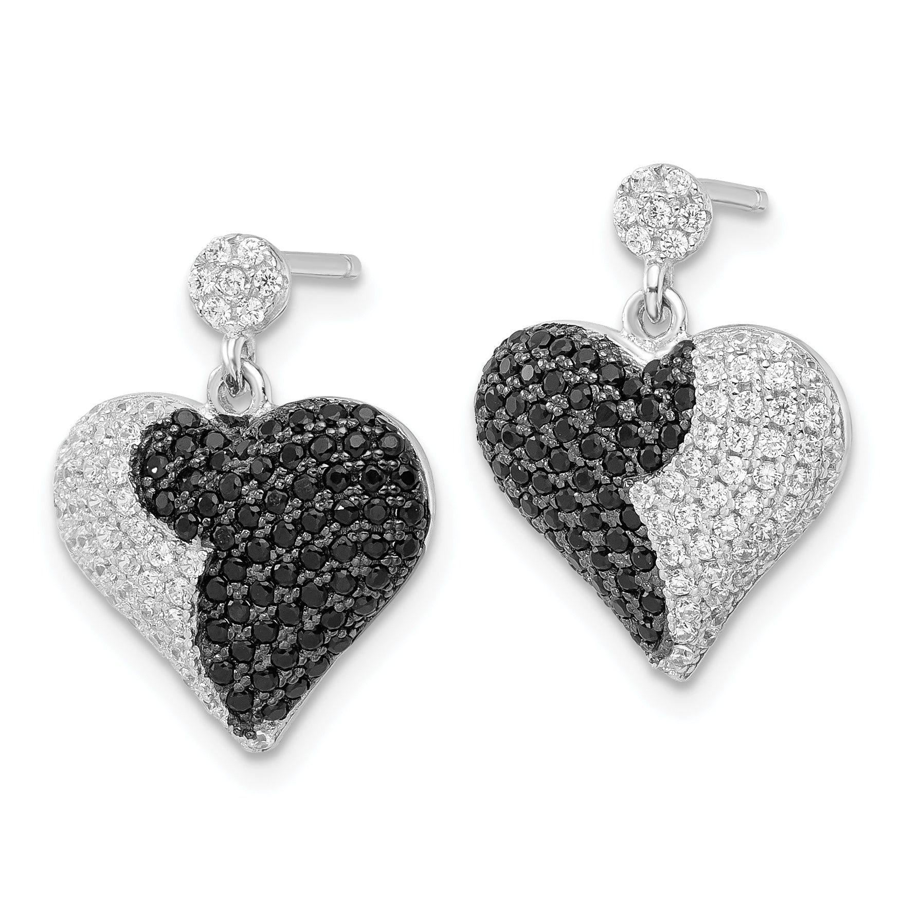 Sterling Silver CZ Heart Earrings with Black Accents, Polished Dangle