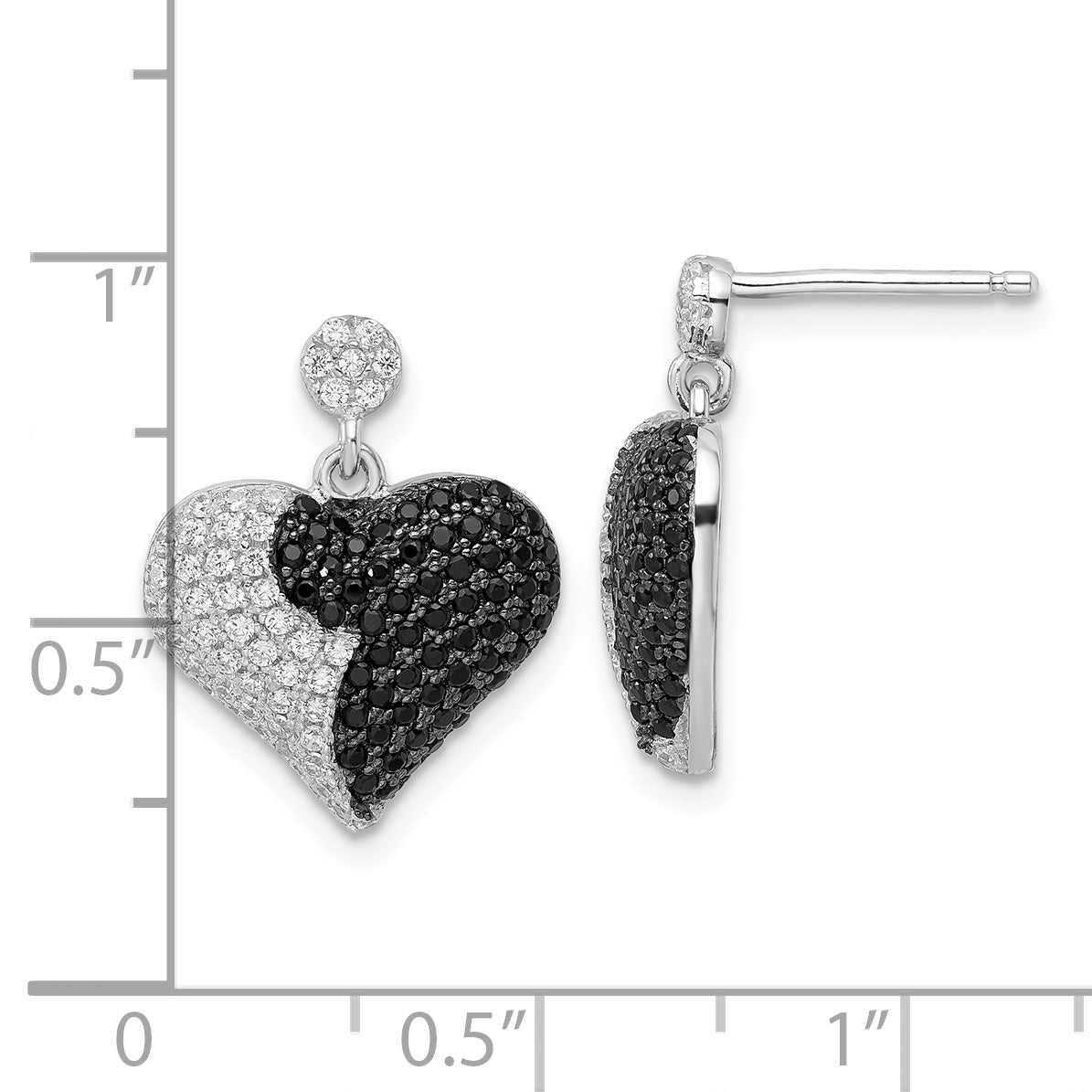 Sterling Silver CZ Heart Earrings with Black Accents, Polished Dangle