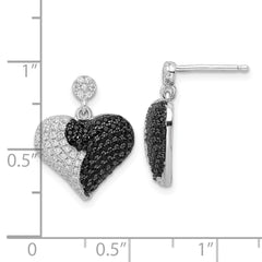 Sterling Silver CZ Heart Earrings with Black Accents, Polished Dangle