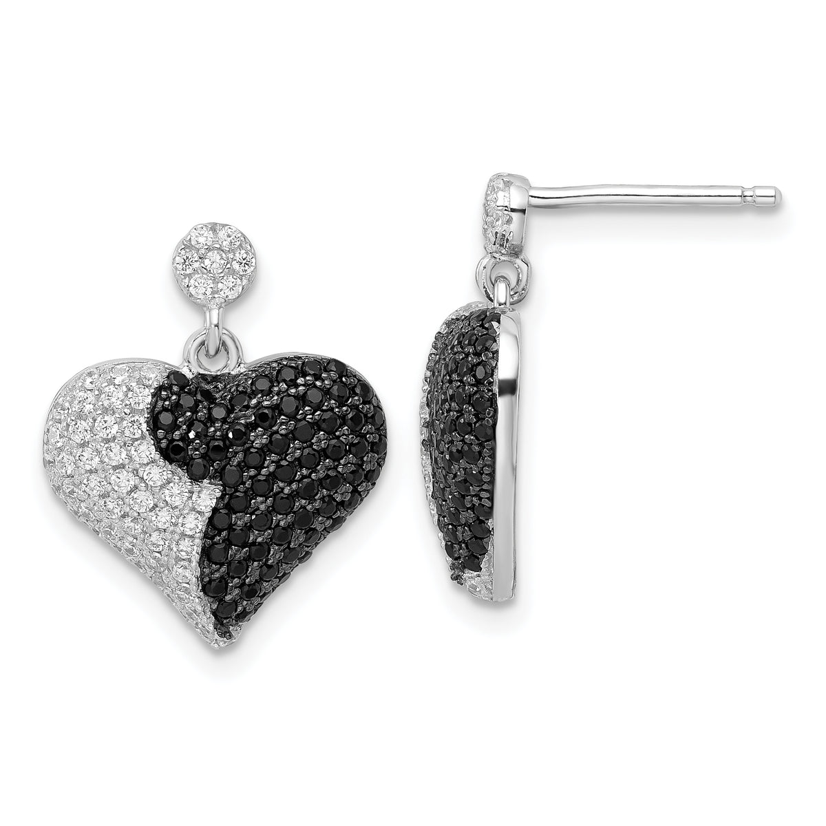 Sterling Silver Black & Clear CZ True Fire Heart Dangle Post Earrings