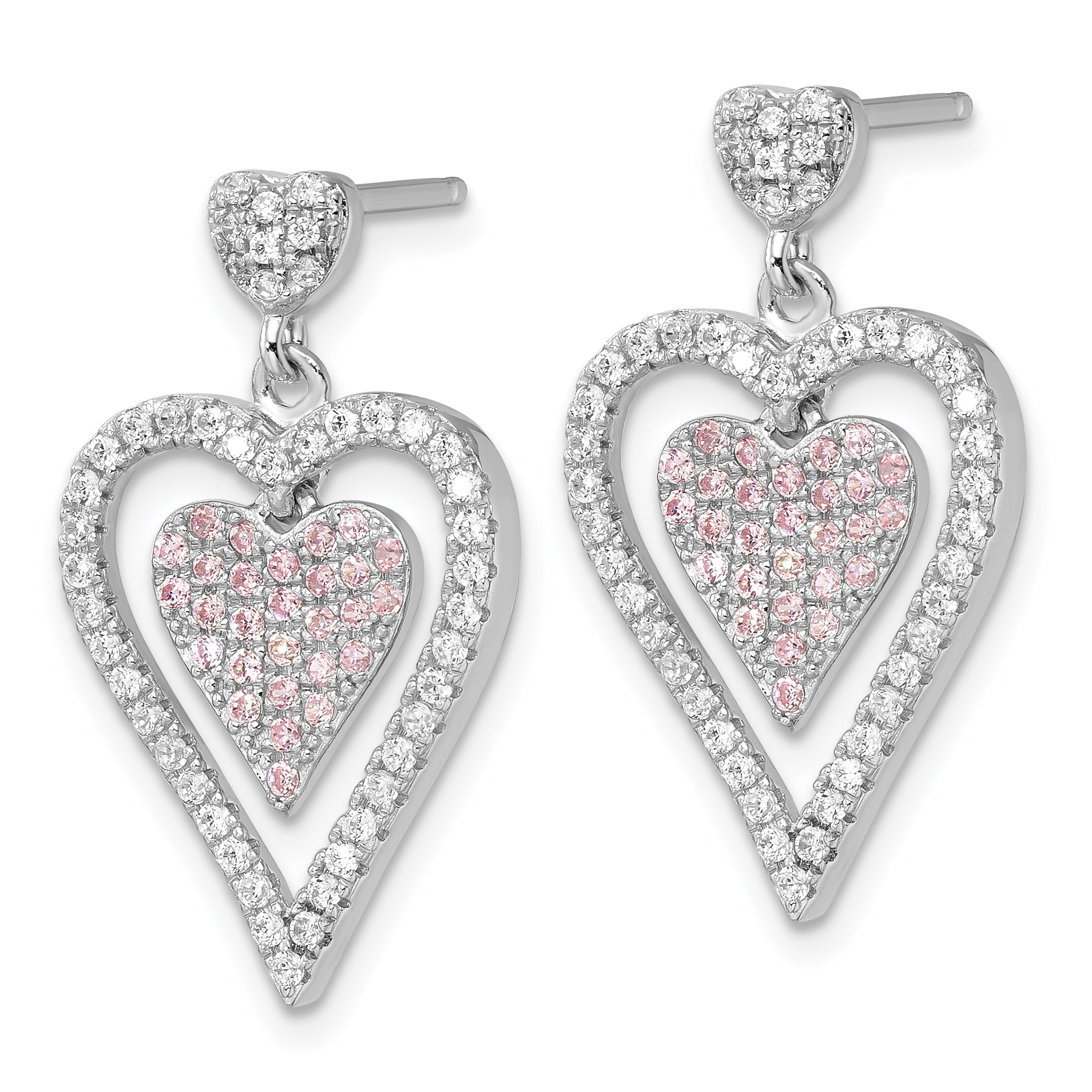 Sterling Silver Pink & Clear CZ Brilliant Embers Heart Dangle Post Earrings