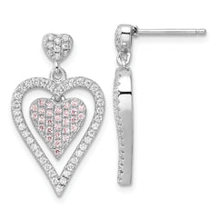 Sterling Silver Pink & Clear CZ Brilliant Embers Heart Dangle Post Earrings