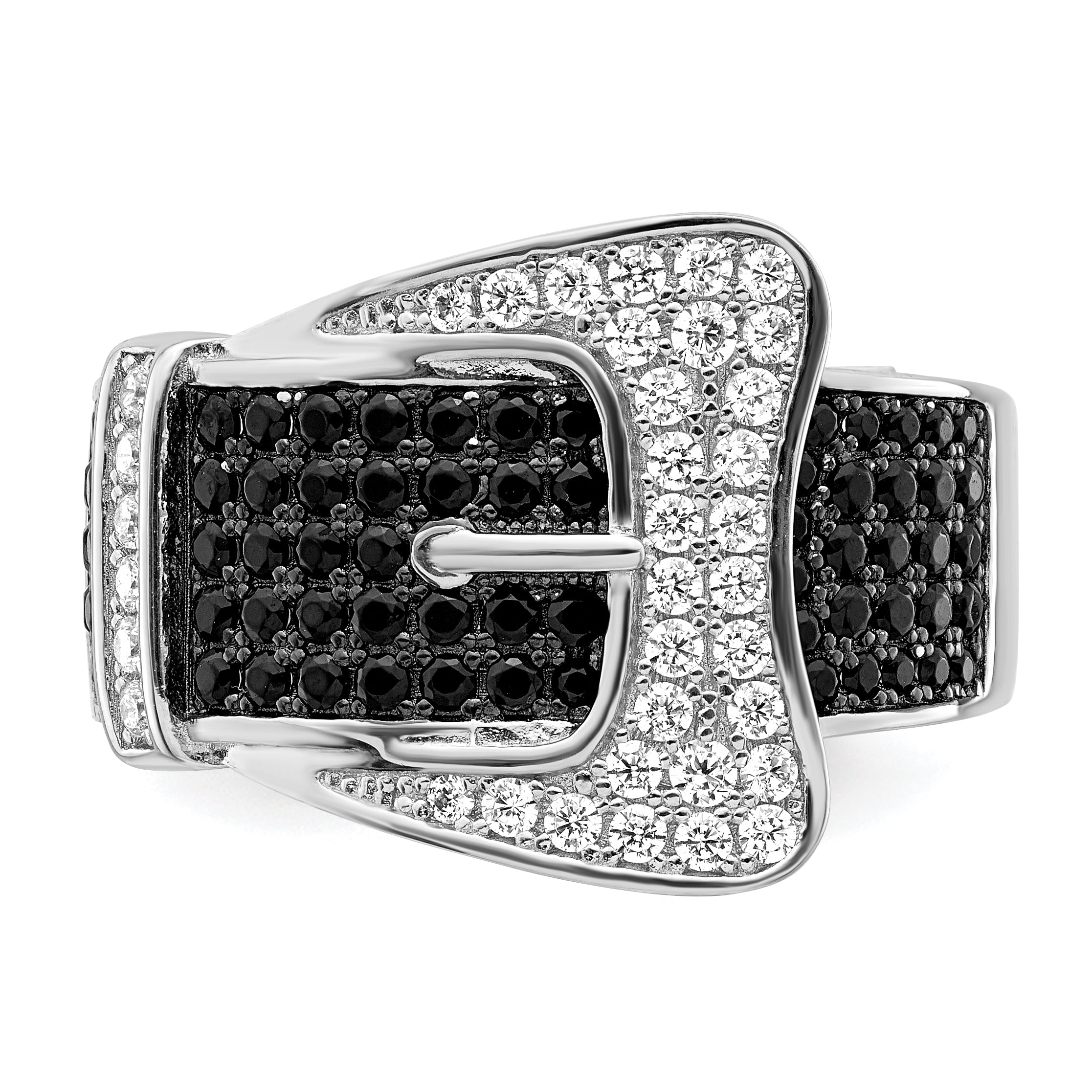 Brilliant Embers Sterling Silver Rhodium-plated 109 Stone Micro Pav‚ Black and White CZ Buckle Ring