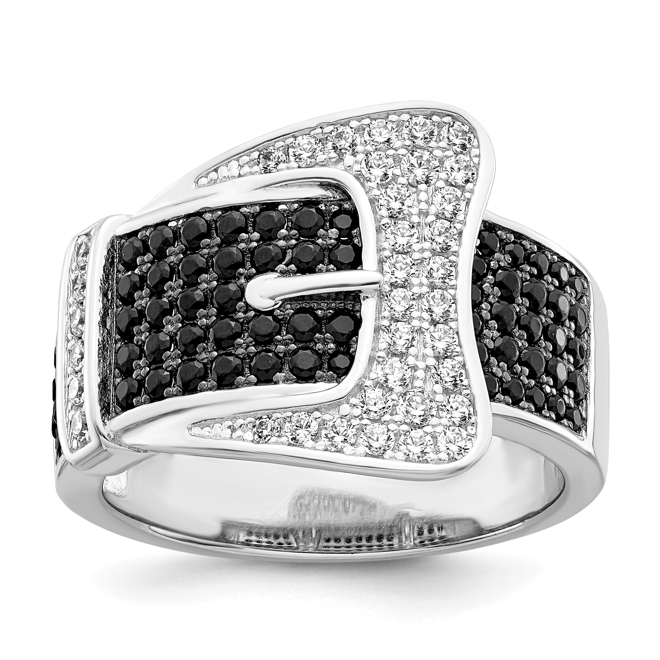 Brilliant Embers Sterling Silver Rhodium-plated 109 Stone Micro Pav‚ Black and White CZ Buckle Ring