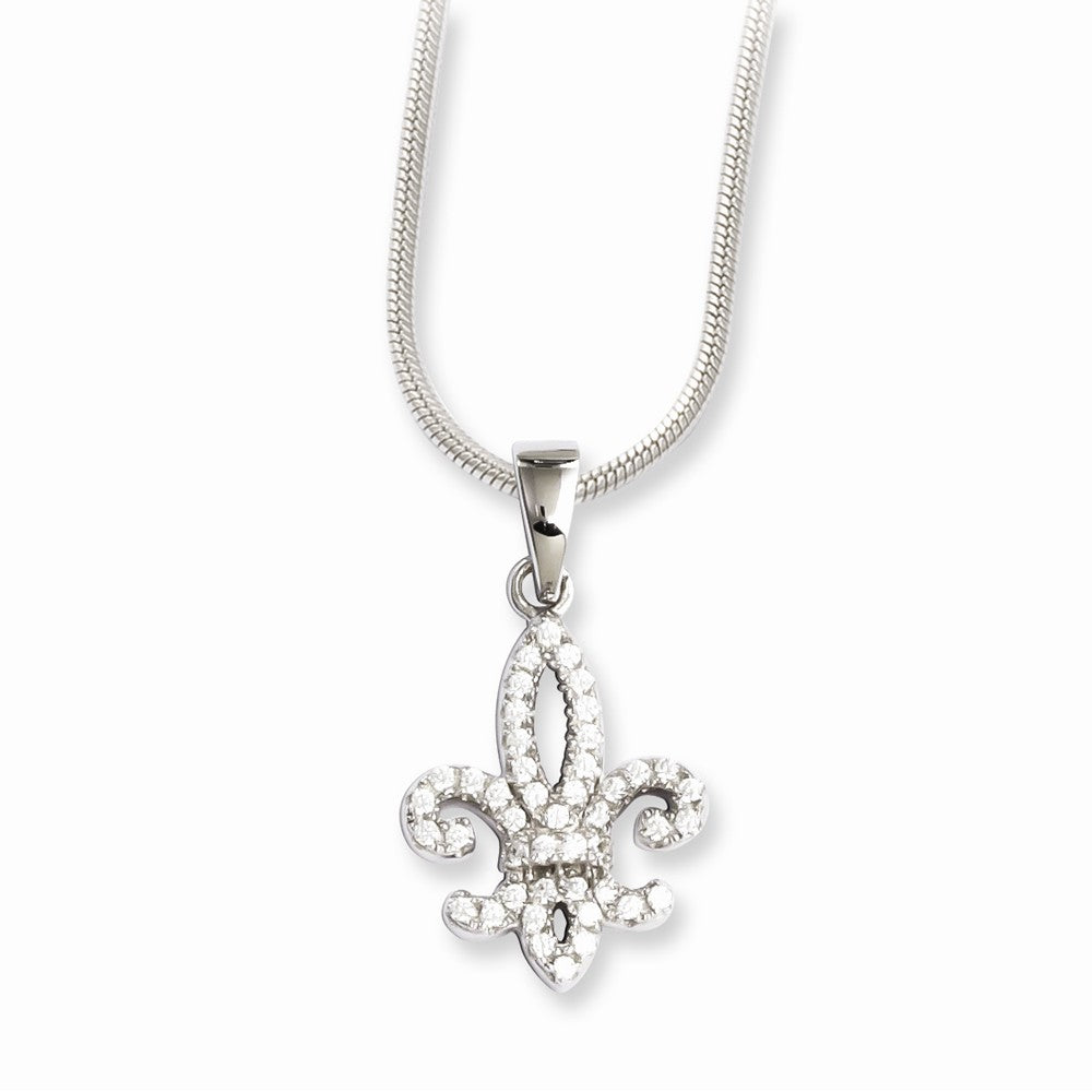 Sterling Silver 925 Fleur De Lis Necklace with Clear CZ