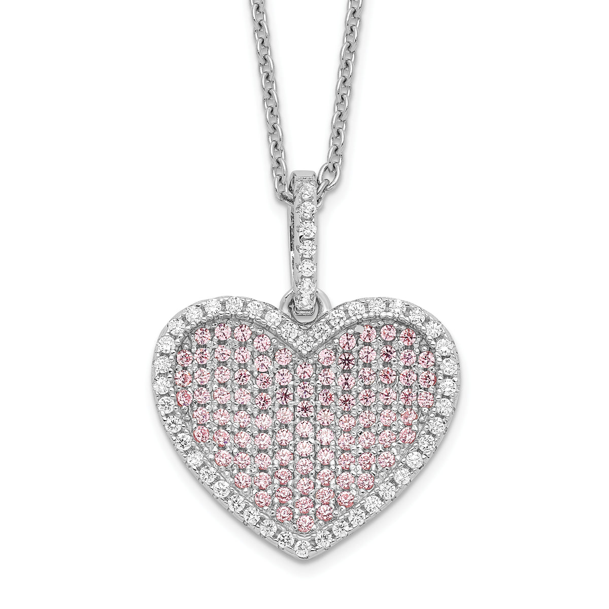 Brilliant Embers Sterling Silver Rhodium-plated 142 Stone 18 inch White and Pink CZ Heart Necklace with 2 Inch Extender