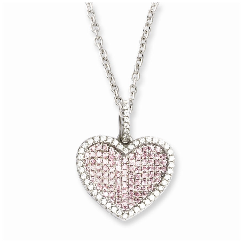 Sterling Silver 925 Heart Necklace with Pink & Clear CZ Accents