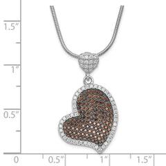 Sterling Silver Brown & Clear CZ True Fire Heart w/ 2in ext Necklace