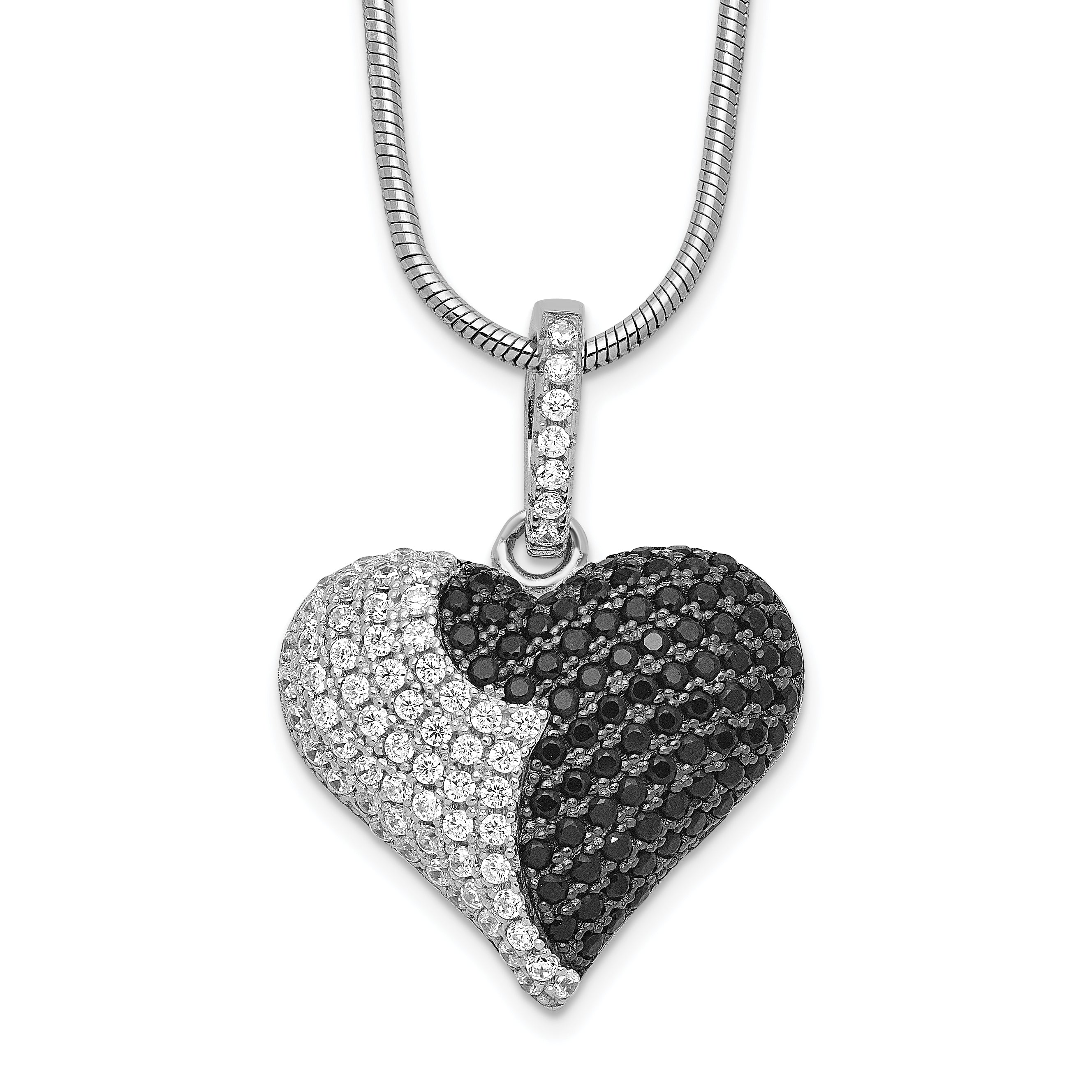 Brilliant Embers Sterling Silver Rhodium-plated 150 Stone 18 inch Micro Pav‚ Black and White CZ Heart Necklace with 2 Inch Extender