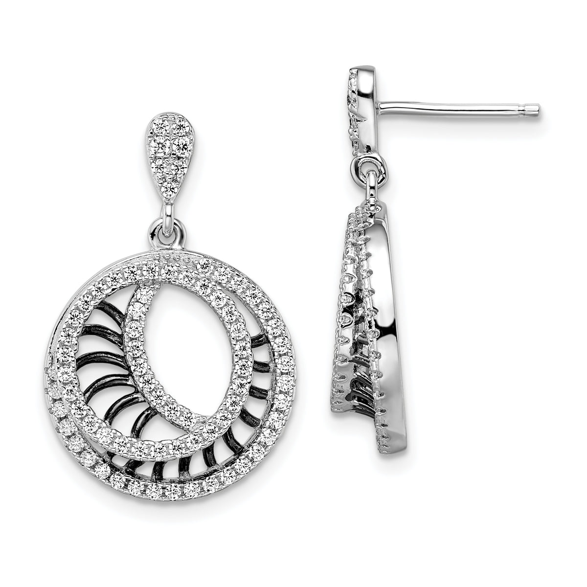 SS Rhodium-Plated Black CZ Brilliant Embers Polished Circle Earrings