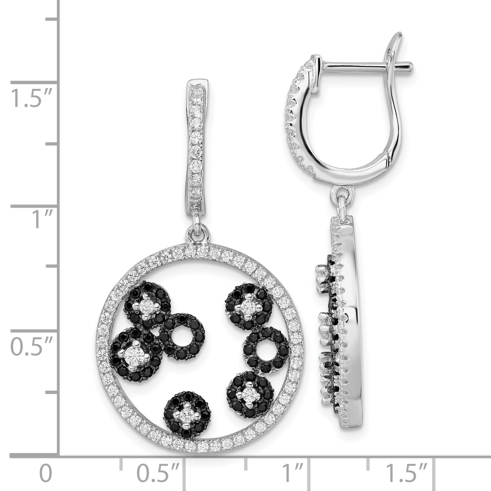 Sterling Silver Black & White CZ True Fire Circle Post Dangle Earrings