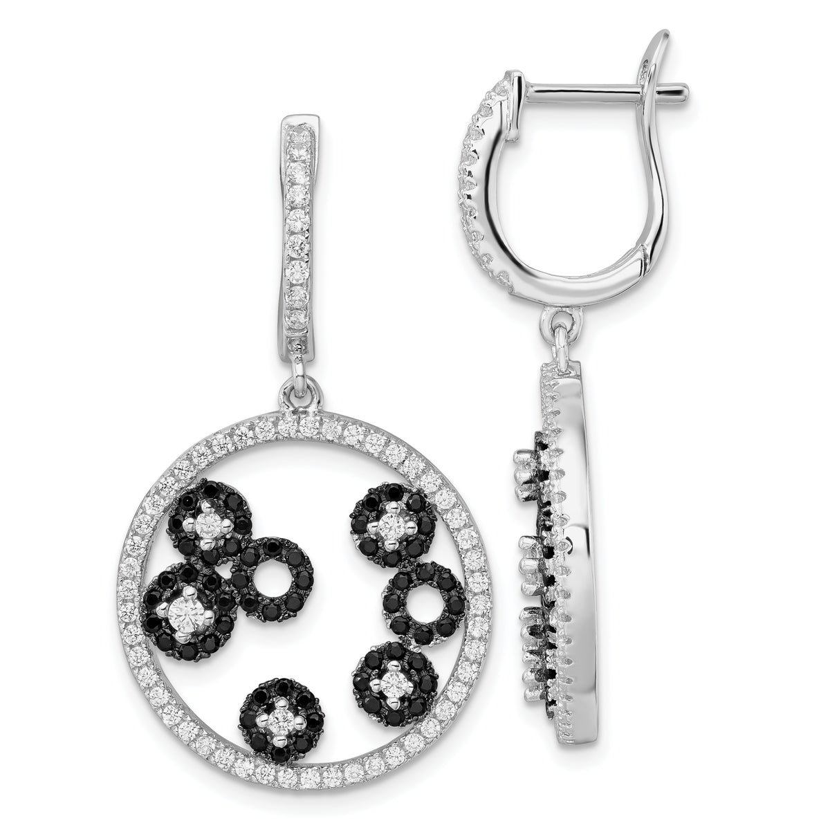 Sterling Silver Black & White CZ True Fire Circle Post Dangle Earrings