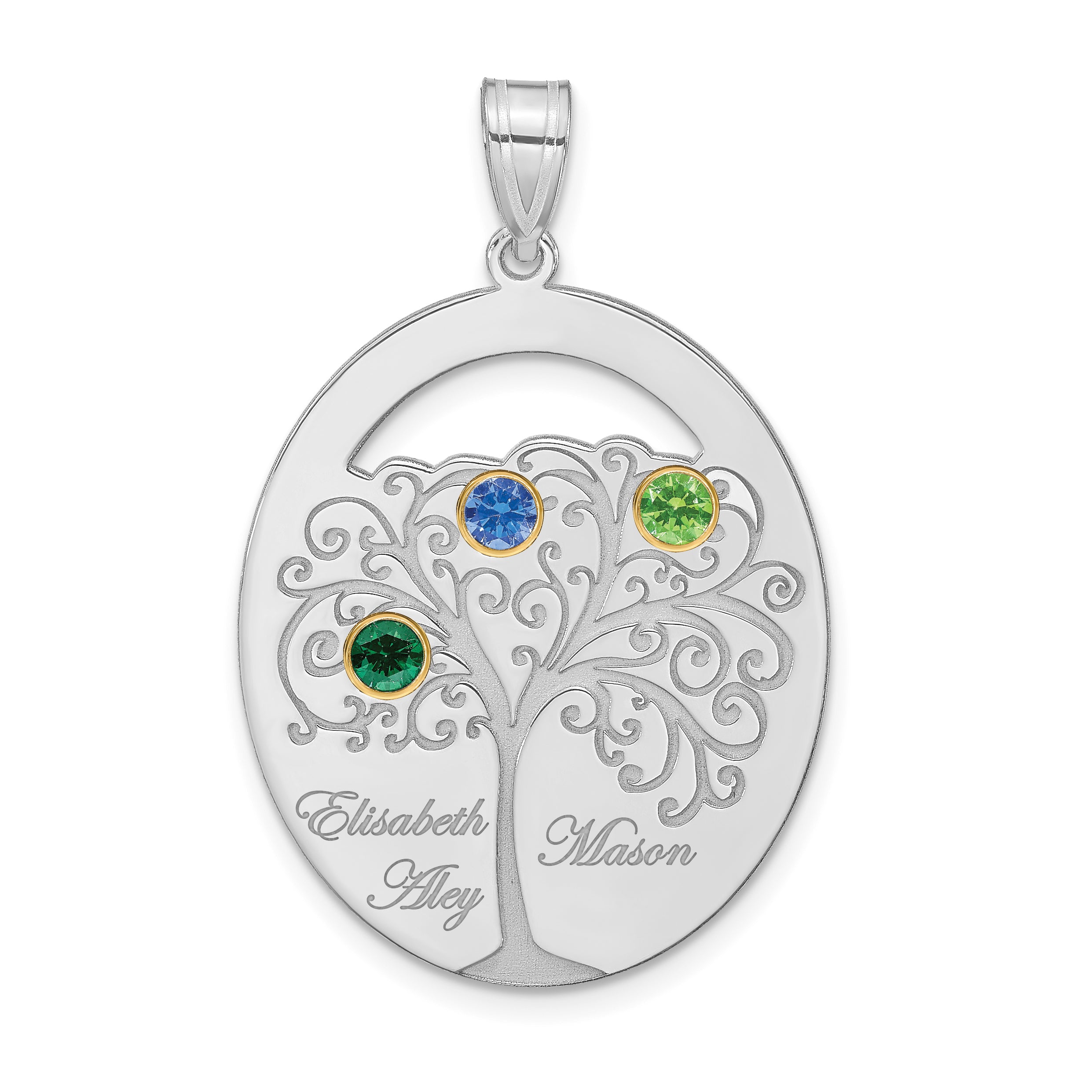 Sterling Silver/Rhod-plated 3 Birthstone with 14k Bezel Family Pendant