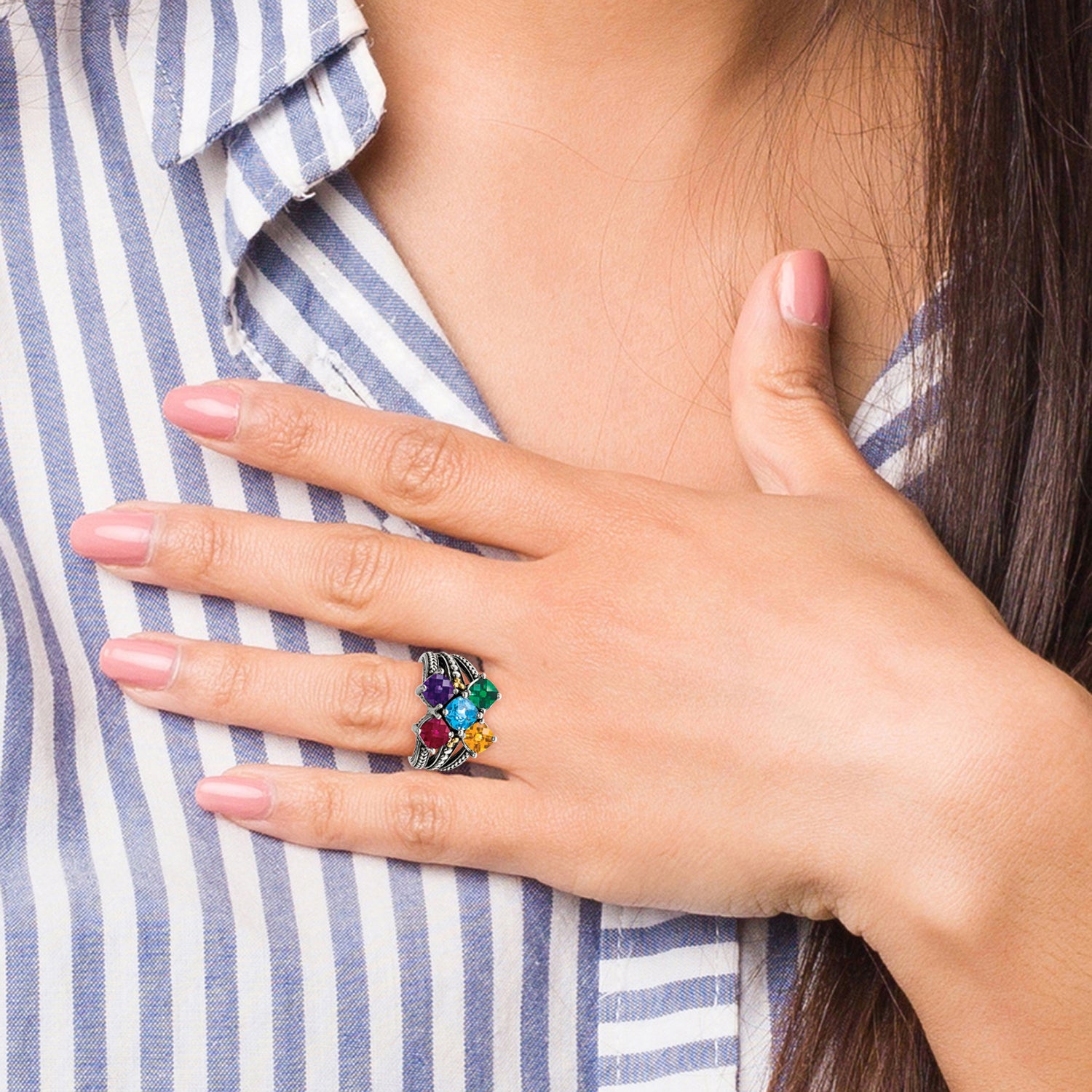 Sterling Silver Antiqued With14k 5-stone Mother's Ring