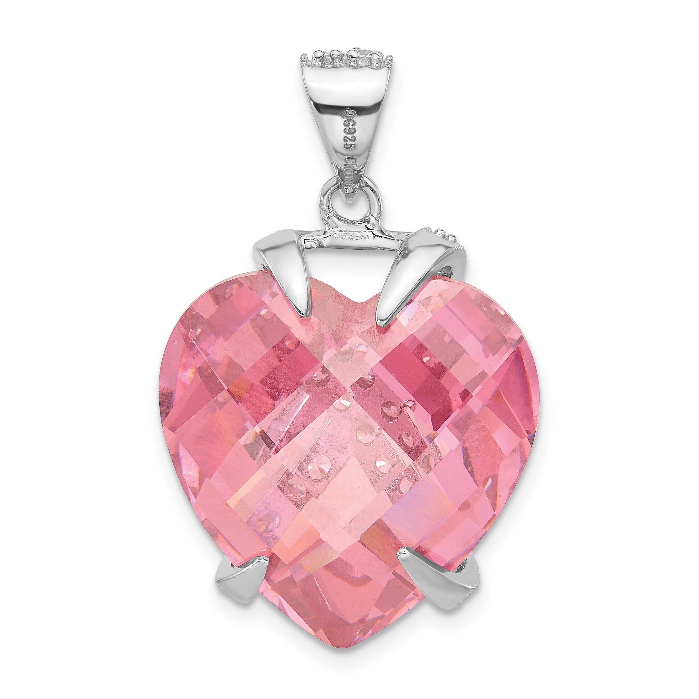 Sterling Silver Polished Pink & Clear CZ Heart Pendant