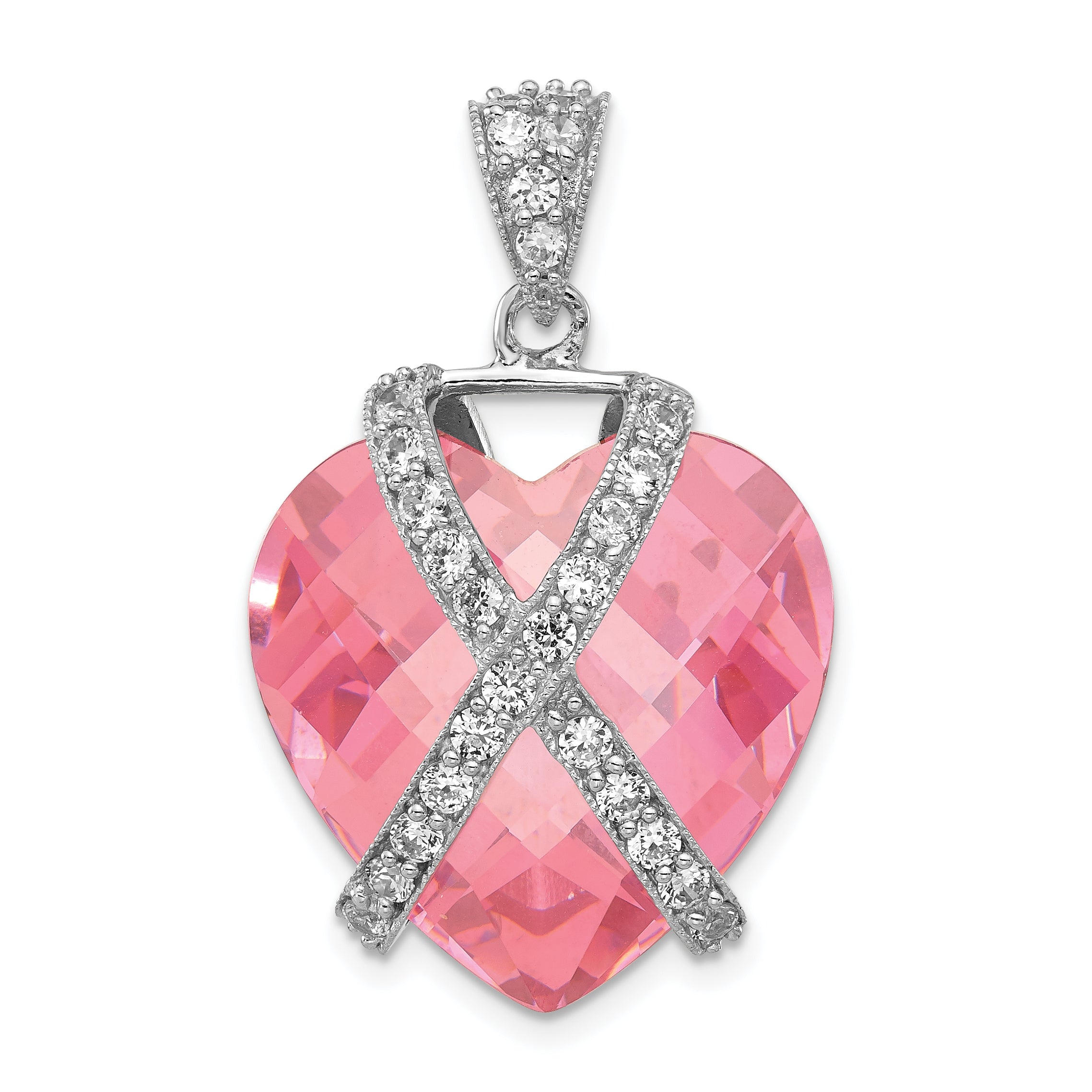 Sterling Silver Polished Pink & Clear CZ Heart Pendant