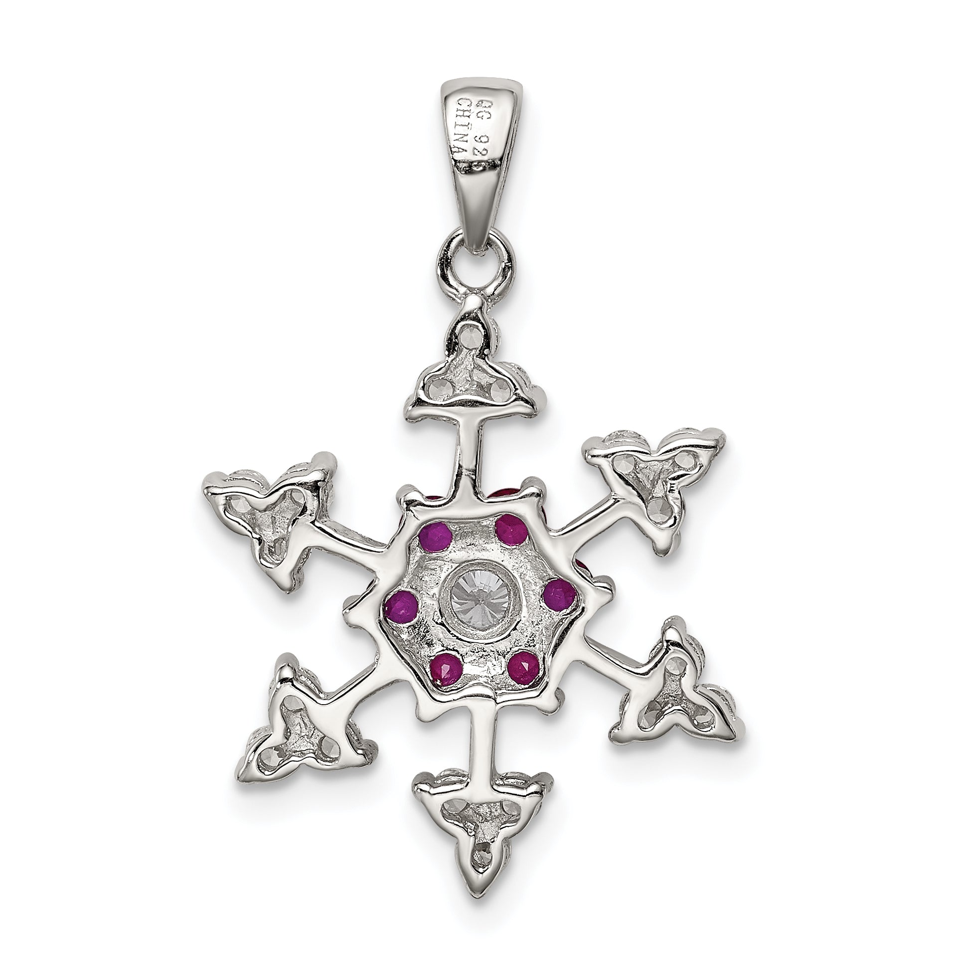 Sterling Silver Rhodium-plated Created Ruby and CZ Snowflake Charm