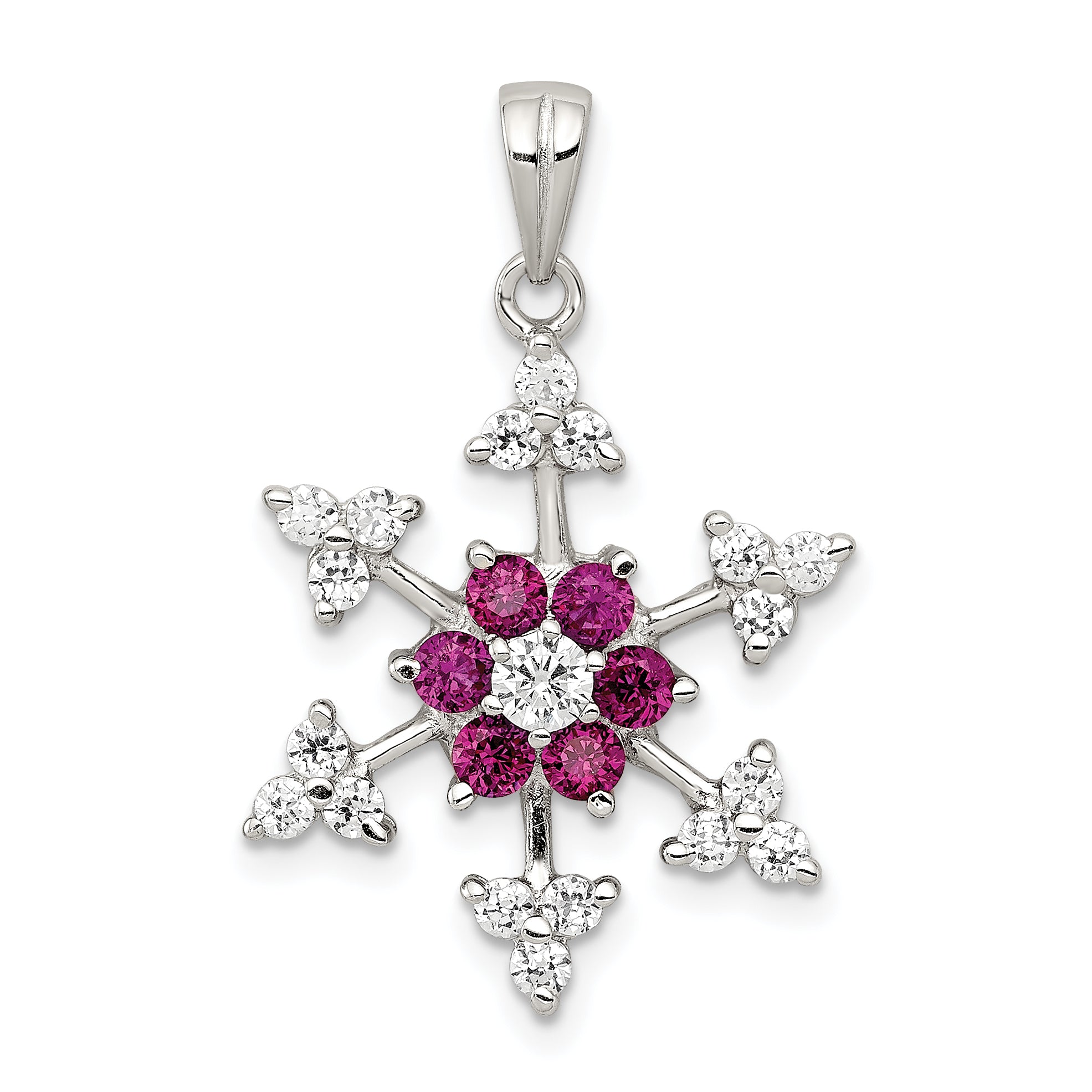 Sterling Silver Rhodium-plated Created Ruby and CZ Snowflake Charm