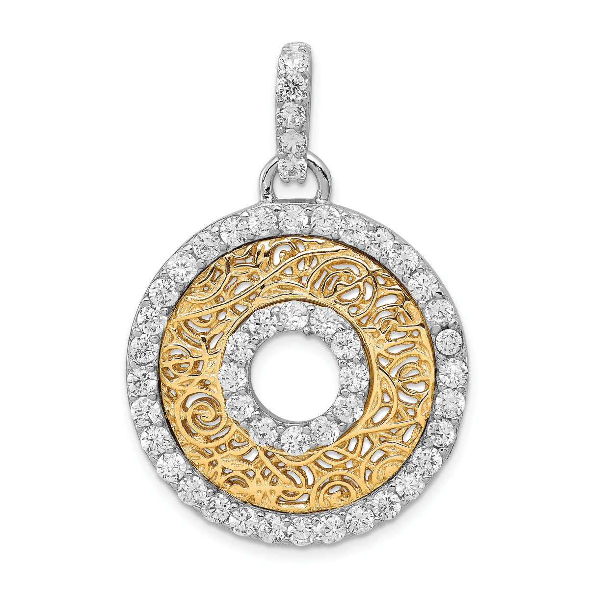 Sterling Silver Rhodium-platedCZ & Vermeil Circle Pendant