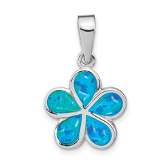 Sterling Silver Created Blue Inlay Opal Flower Pendant