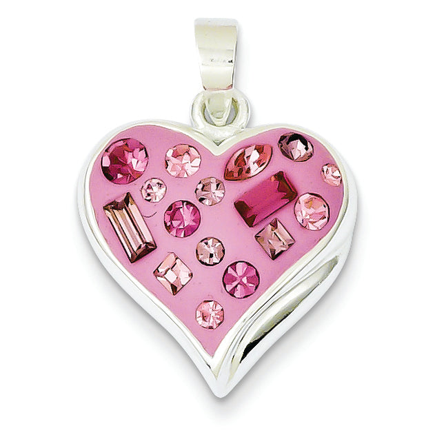 Sterling Silver Pink Stellux Crystal & Enameled Heart Pendant