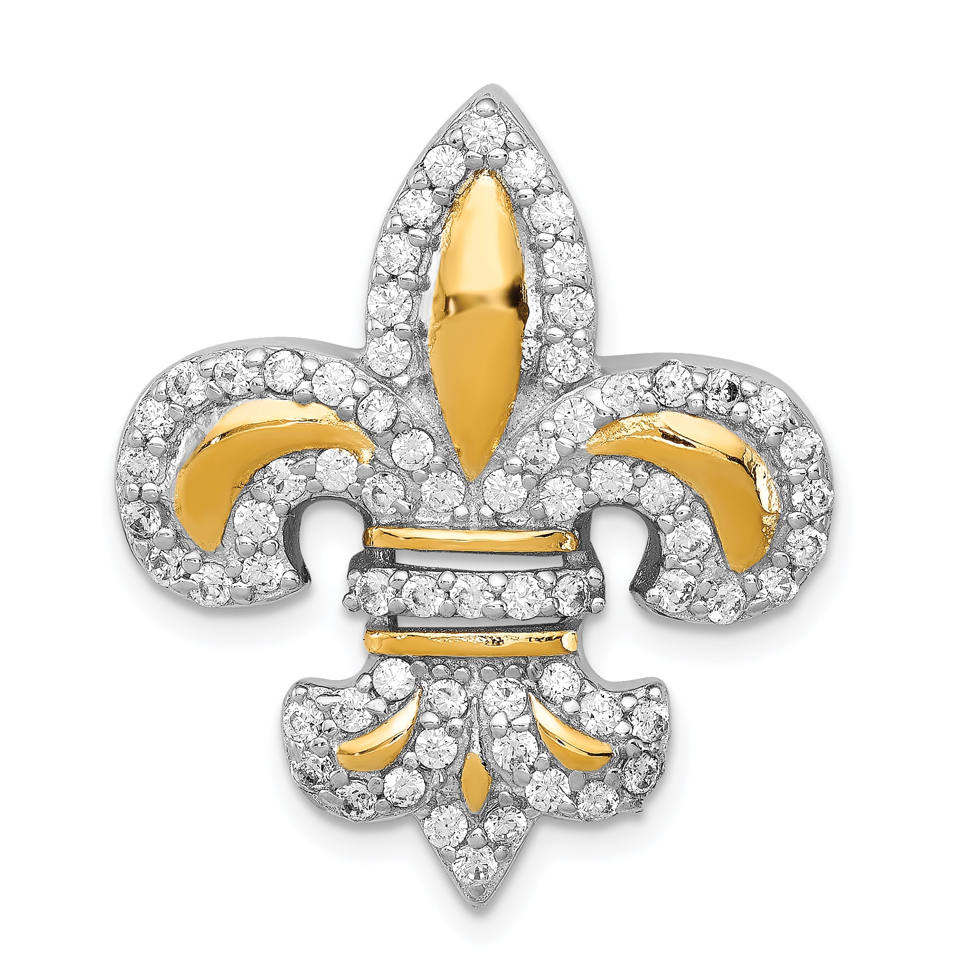 Sterling Silver CZ Fleur de Lis w/ Flash Gold-Plated Slide Pendant