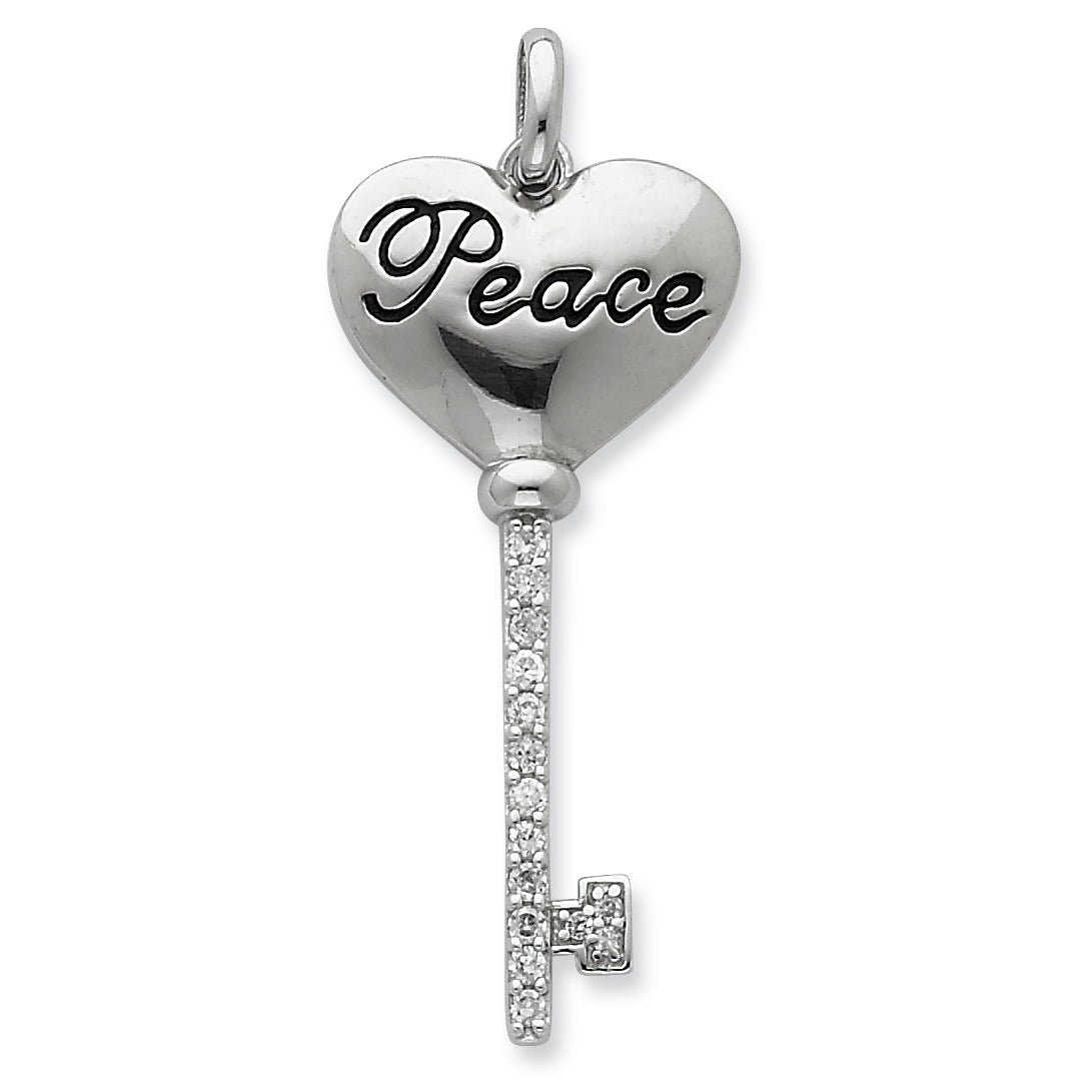 Sterling Silver Heart Top w/ Peace Inscription and CZ Key Pendant