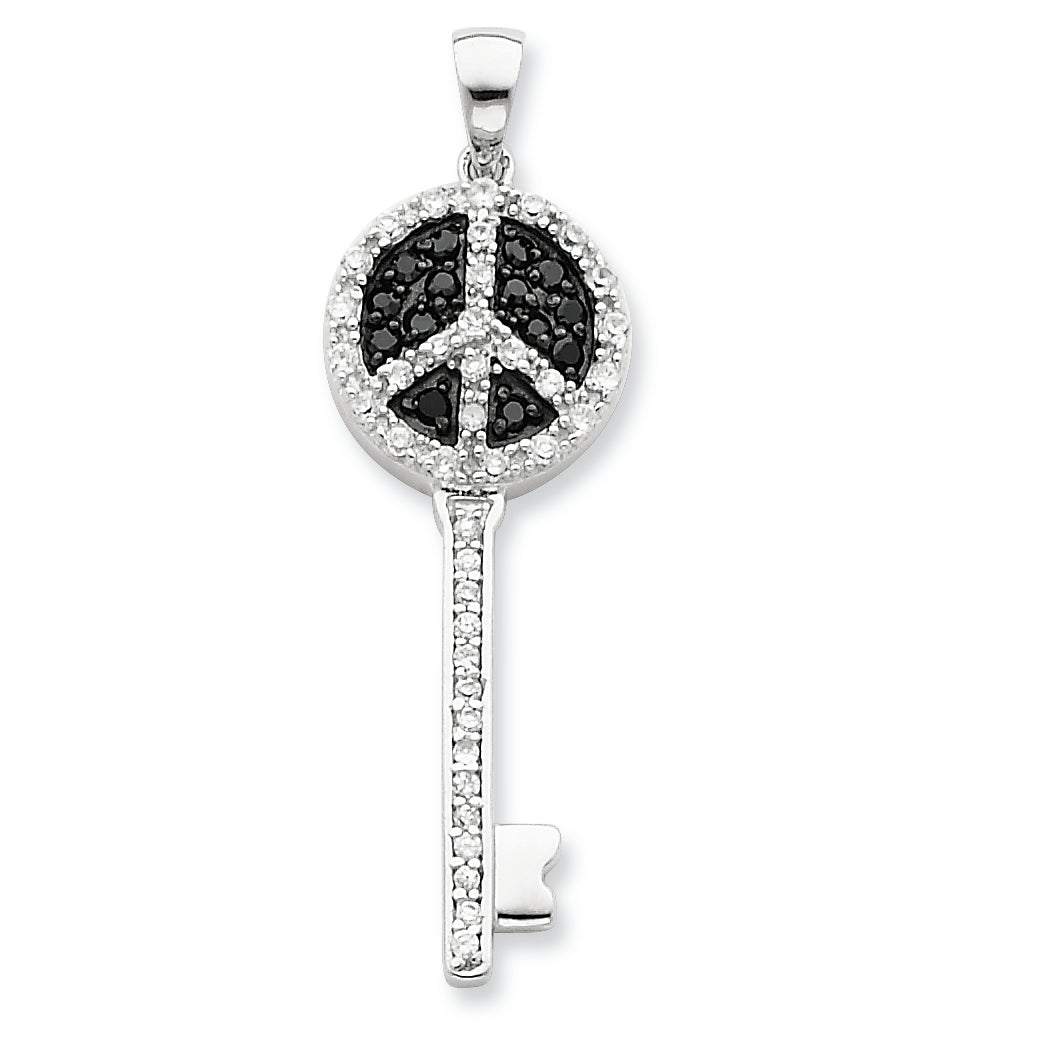 Sterling Silver Black and Clear CZ Peace Sign Top Key Pendant