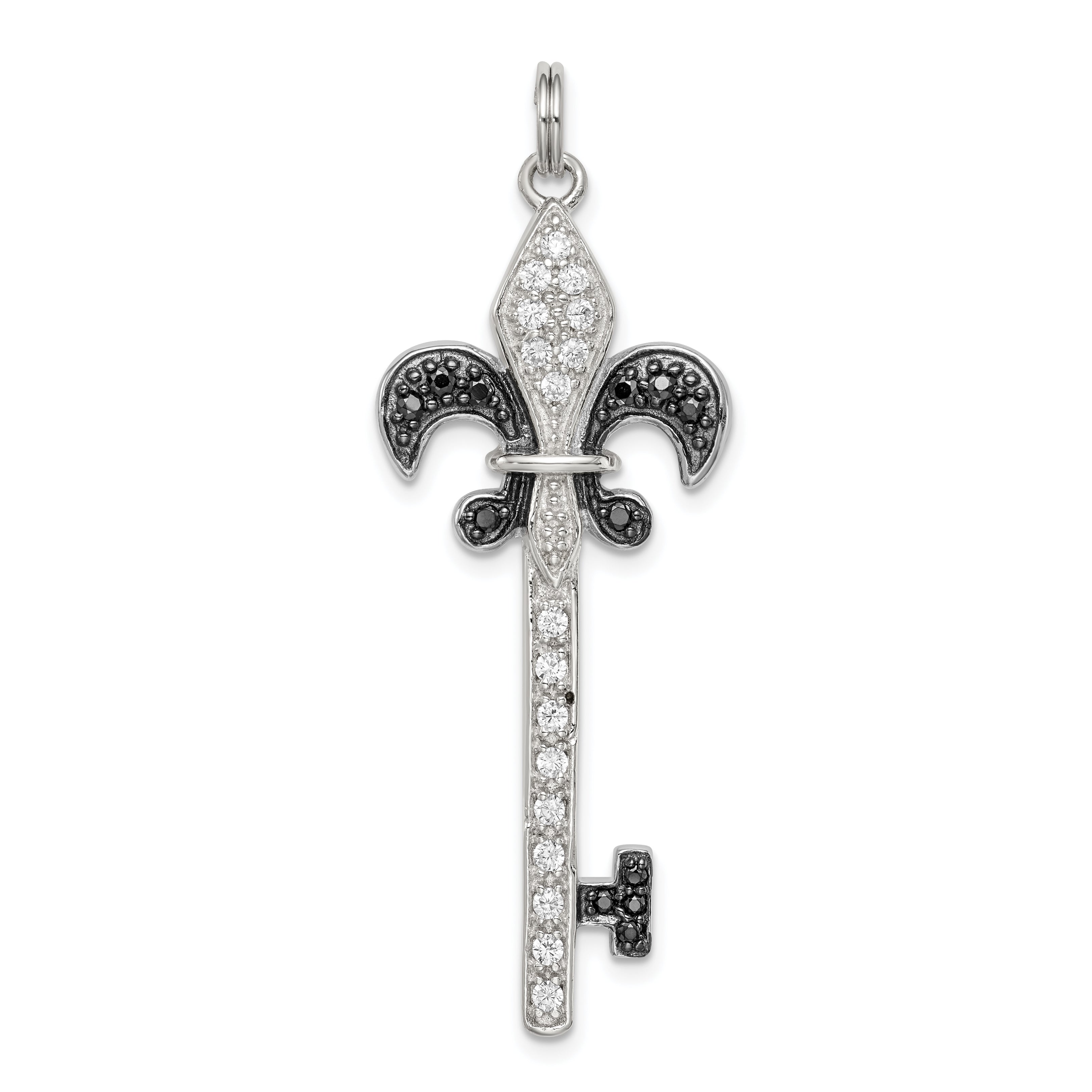 Sterling Silver Black & White CZ Fleur de Lis Key Pendant