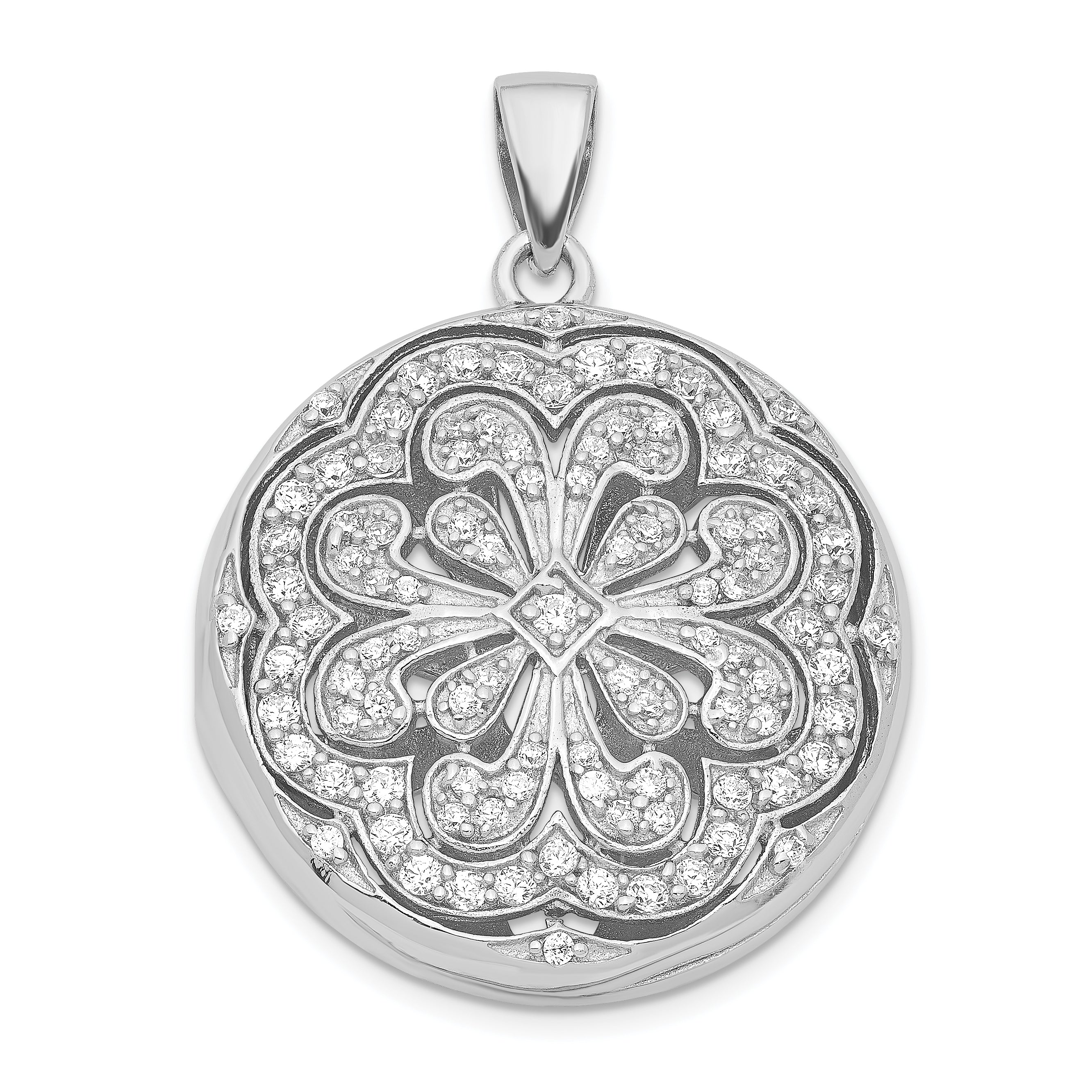 Sterling Silver CZ Circle w/ Flower Design Locket Pendant