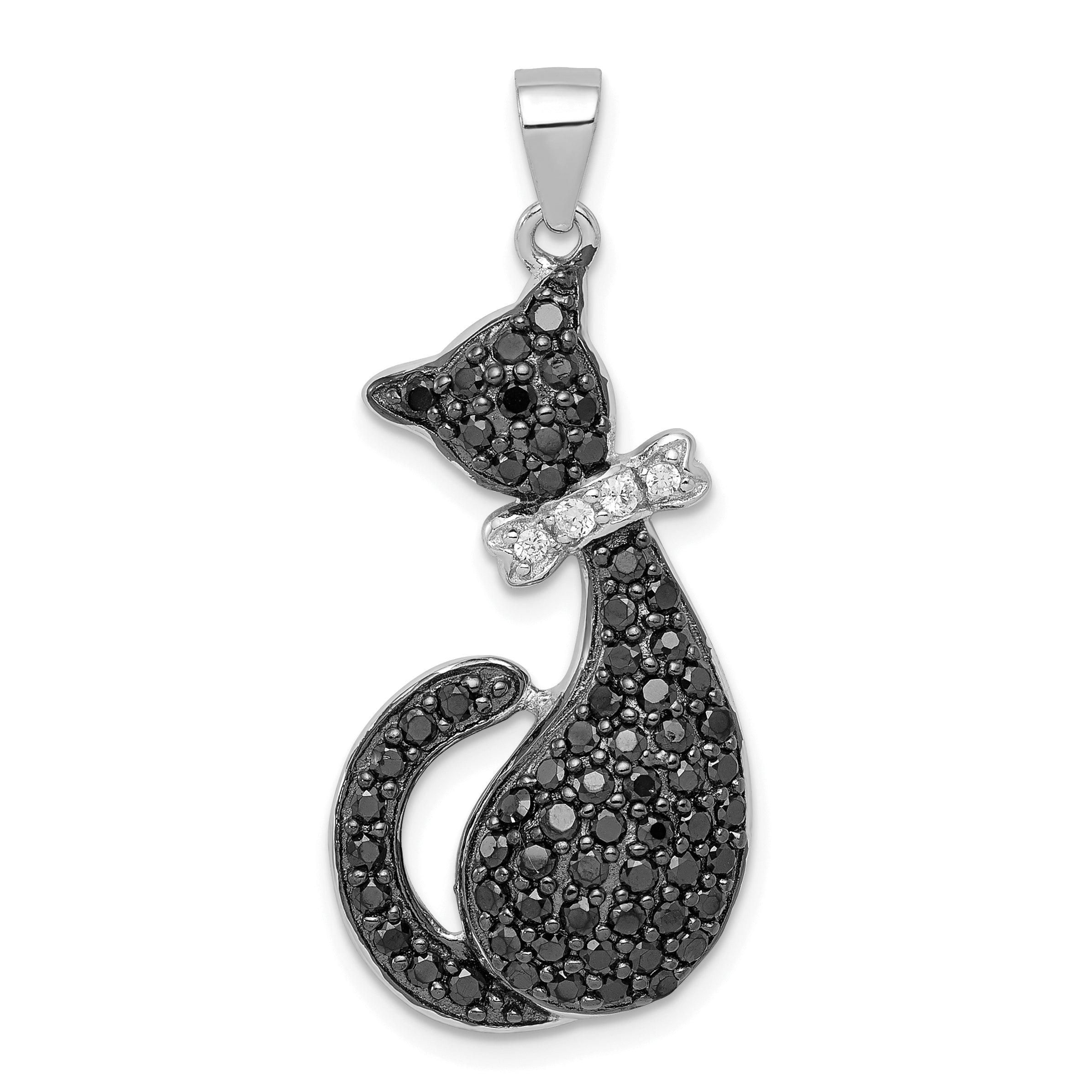 Sterling Silver Black & White CZ Cat with Bow Pendant