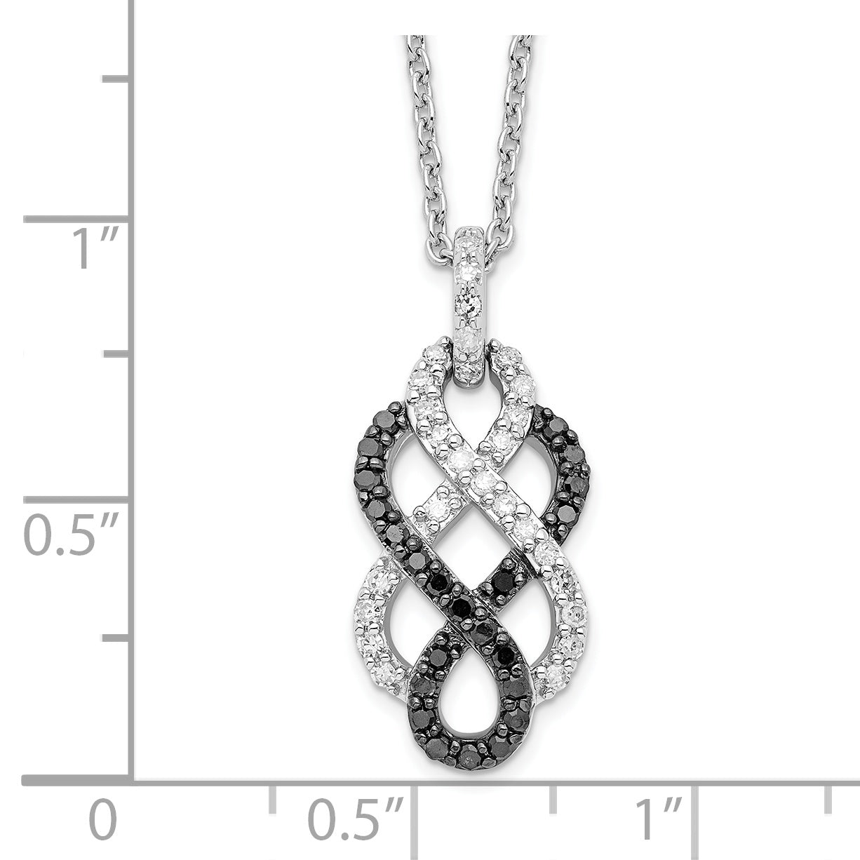 White Night Sterling Silver Rhodium-plated Black and White Diamond Intertwined Infinity Symbol 18 Inch Necklace with 2 Inch Extender