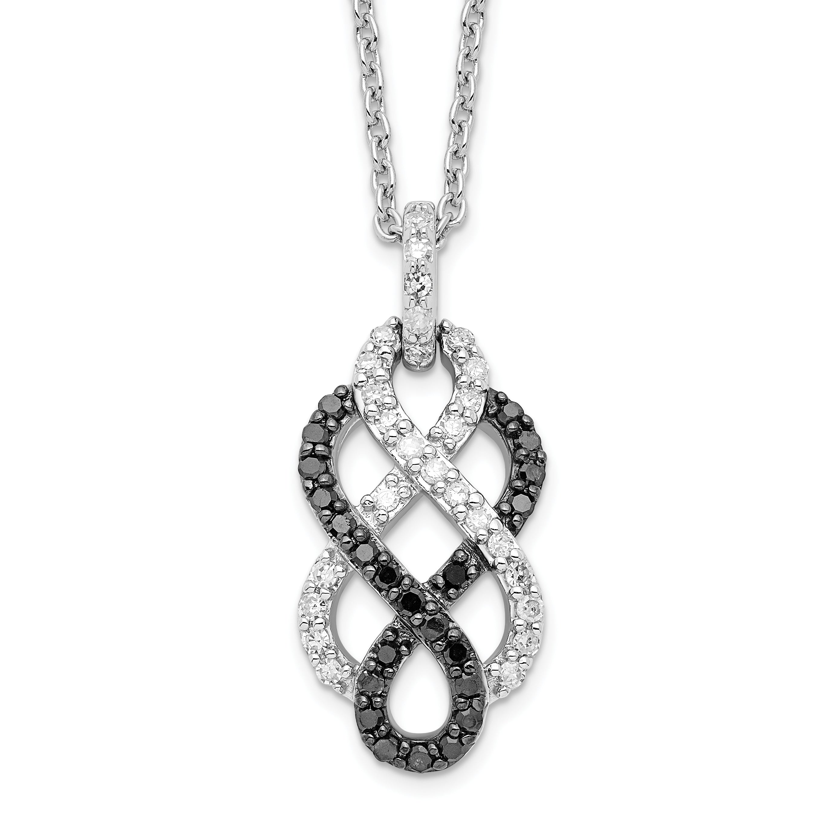 White Night Sterling Silver Rhodium-plated Black and White Diamond Intertwined Infinity Symbol 18 Inch Necklace with 2 Inch Extender