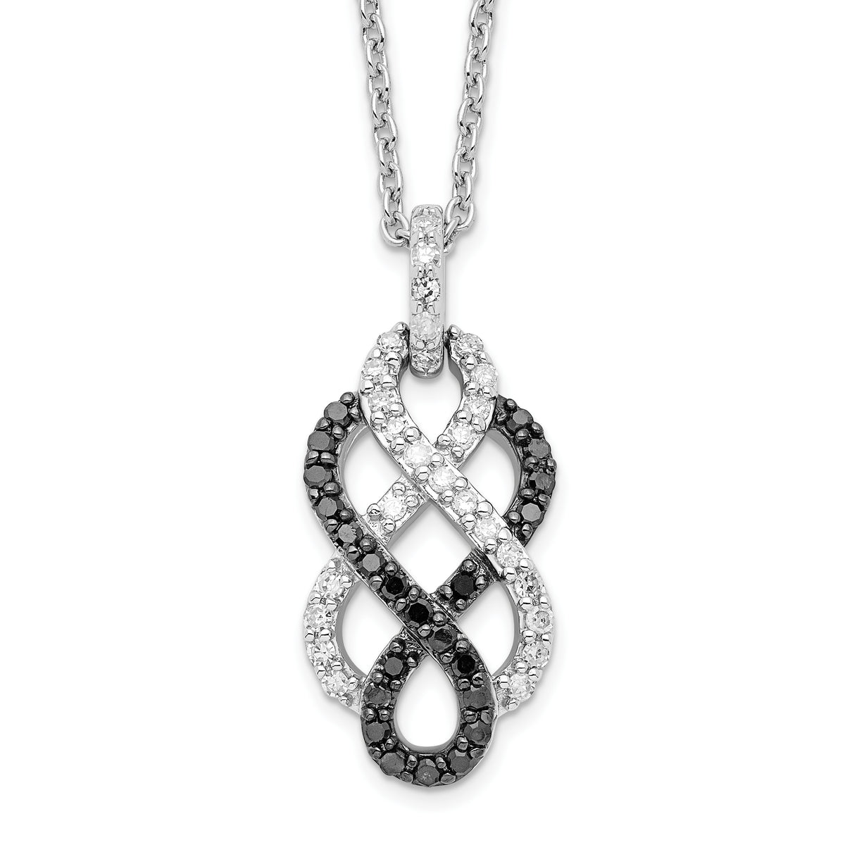 White Night Sterling Silver Rhodium-plated Black and White Diamond Intertwined Infinity Symbol 18 Inch Necklace with 2 Inch Extender