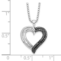 White Night Sterling Silver Rhodium-plated Black and White Diamond Heart 18 Inch Necklace with 2 Inch Extender