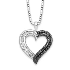 White Night Sterling Silver Rhodium-plated Black and White Diamond Heart 18 Inch Necklace with 2 Inch Extender