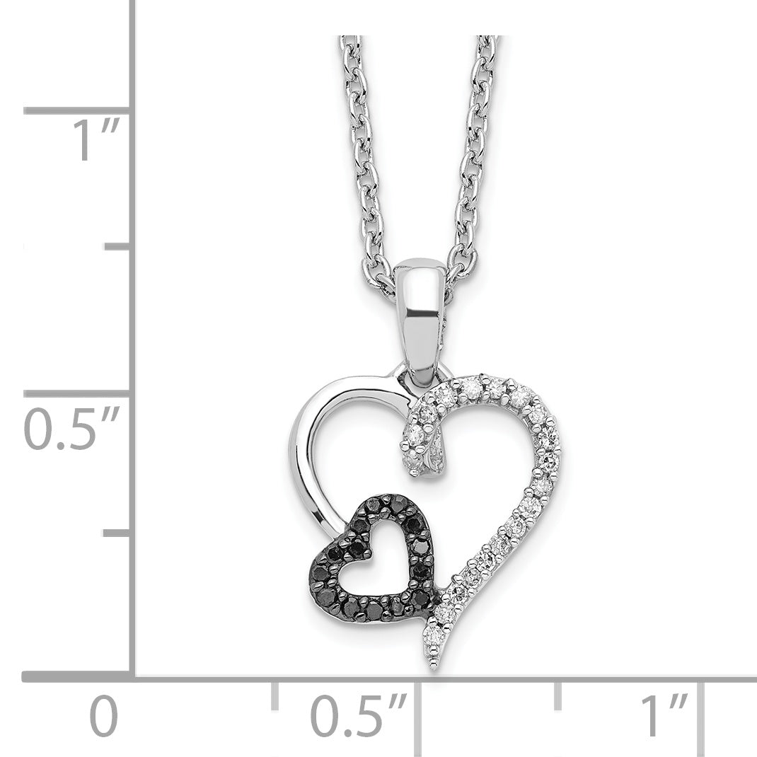 White Night Sterling Silver Rhodium-plated Black and White Diamond Double Heart 18 Inch Necklace with 2 Inch Extender