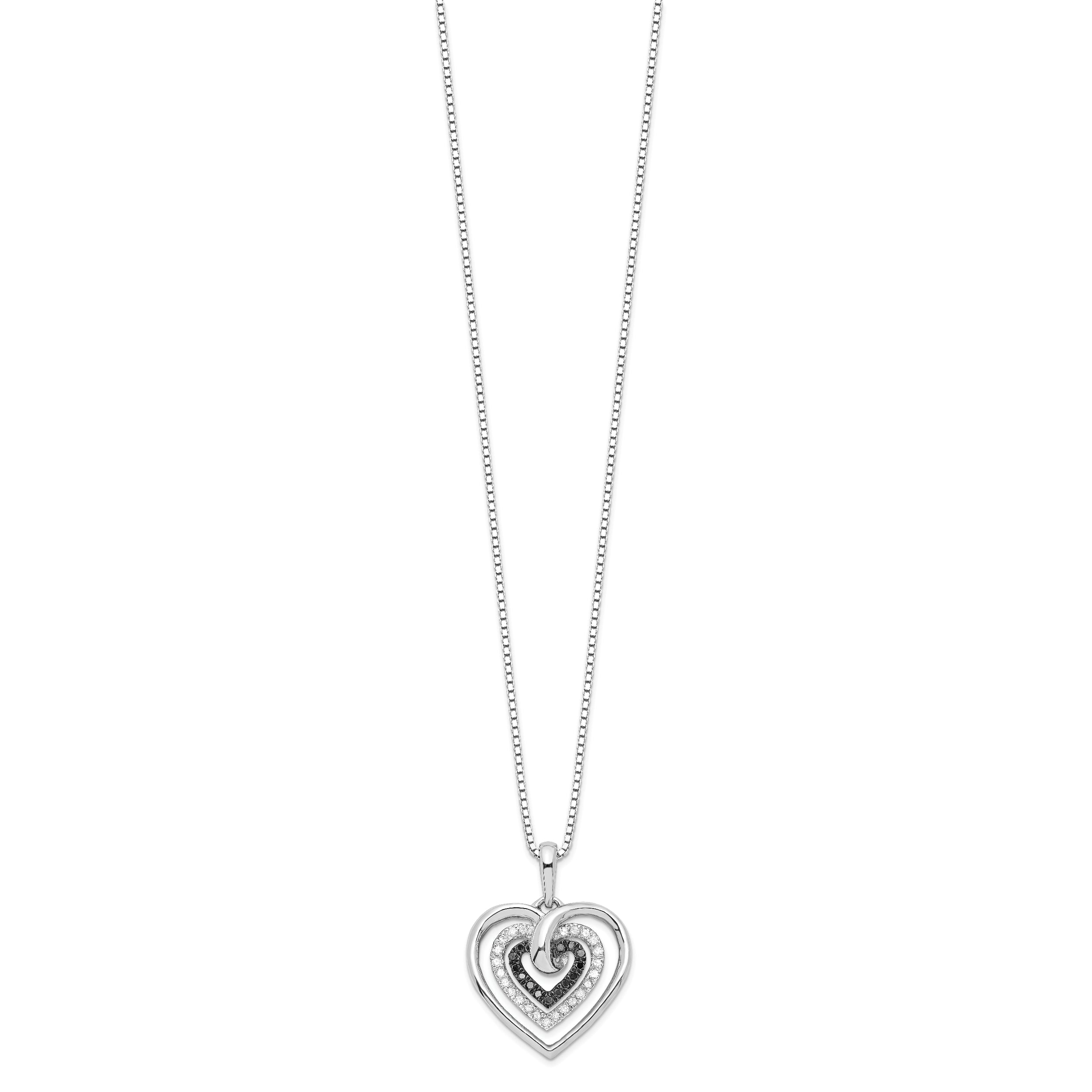 White Night Sterling Silver Rhodium-plated Black and White Diamond Triple Heart 18 Inch Necklace with 2 Inch Extender