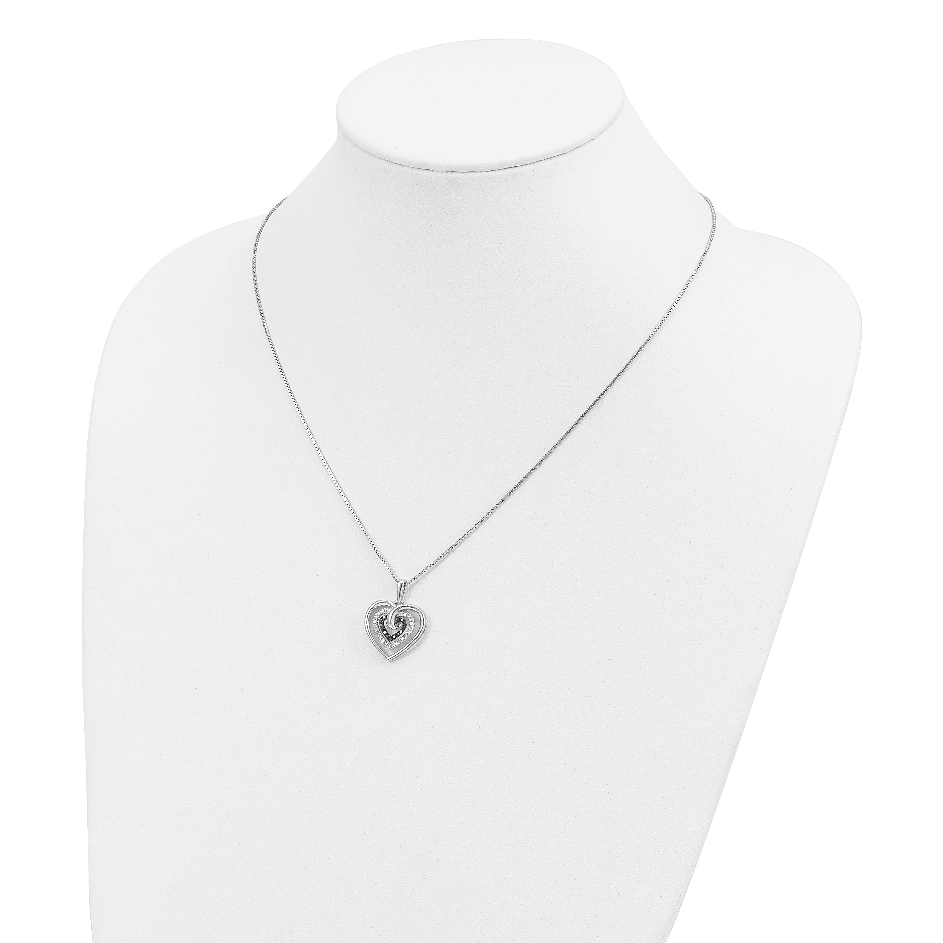 White Night Sterling Silver Rhodium-plated Black and White Diamond Triple Heart 18 Inch Necklace with 2 Inch Extender